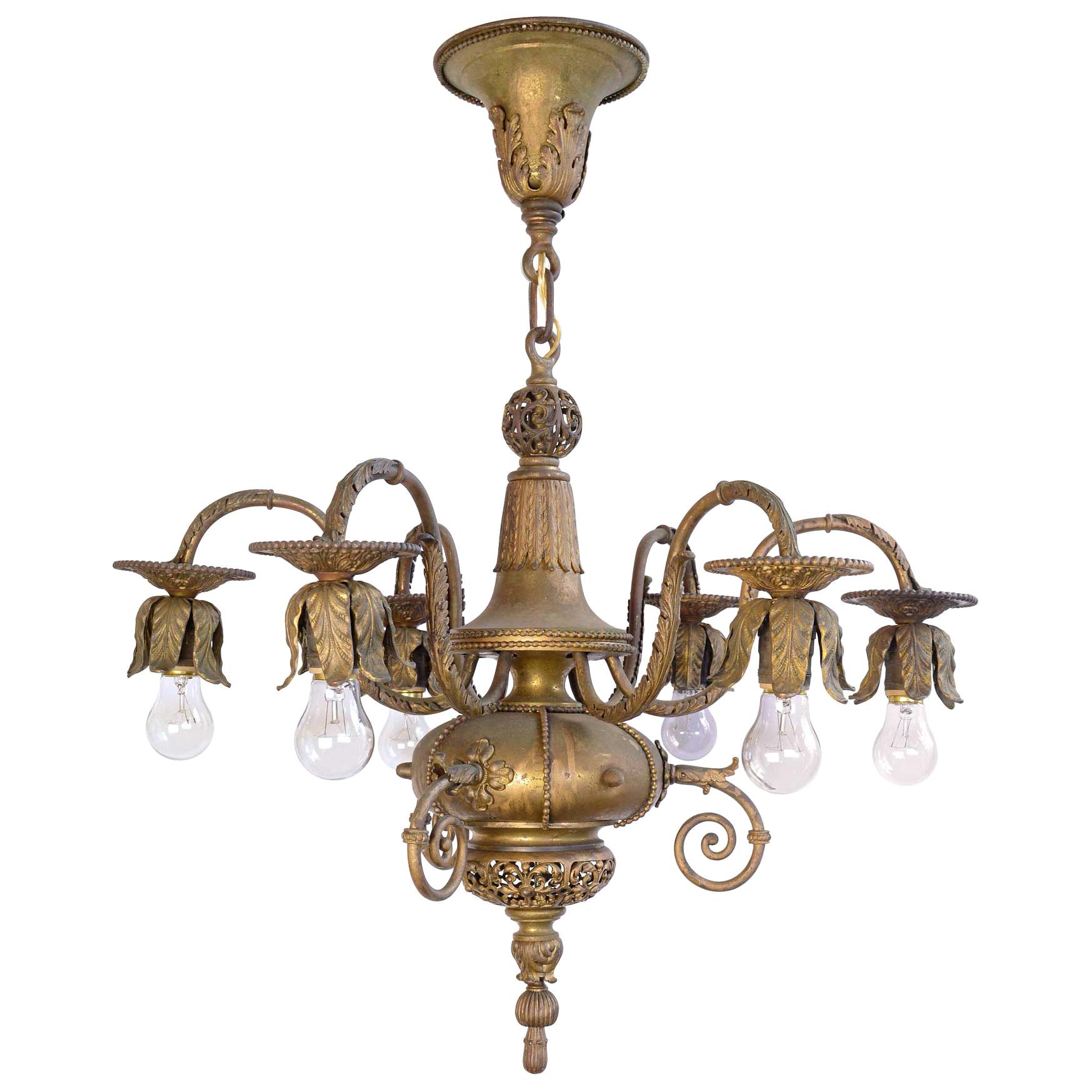 Early 1890s American Silver Plated Six-Candle Chandelier with Filigree