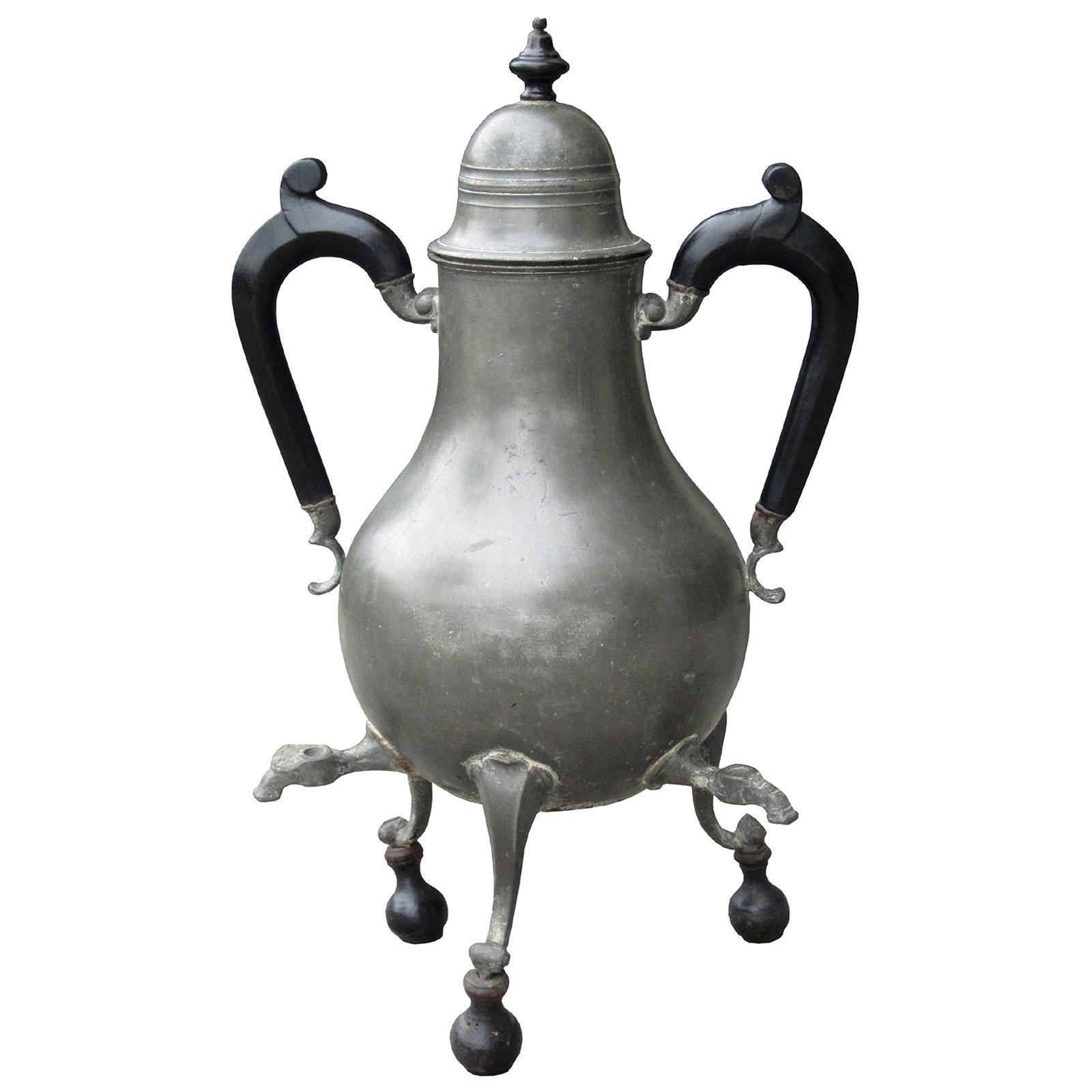 Early 18th-19th Century Pewter Lidded Hot Water Urn, Three Spouts, Wood Handles For Sale