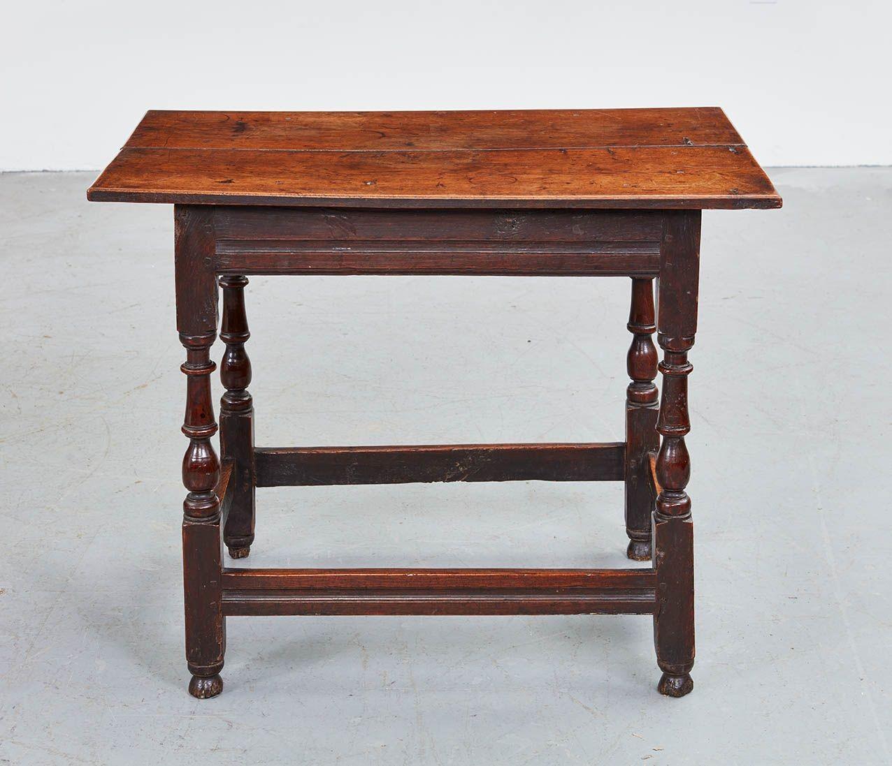 An early 18th century English oak center table with good color having two plank top over baluster turned legs joined by deep rectangular section profiled box stretcher.
