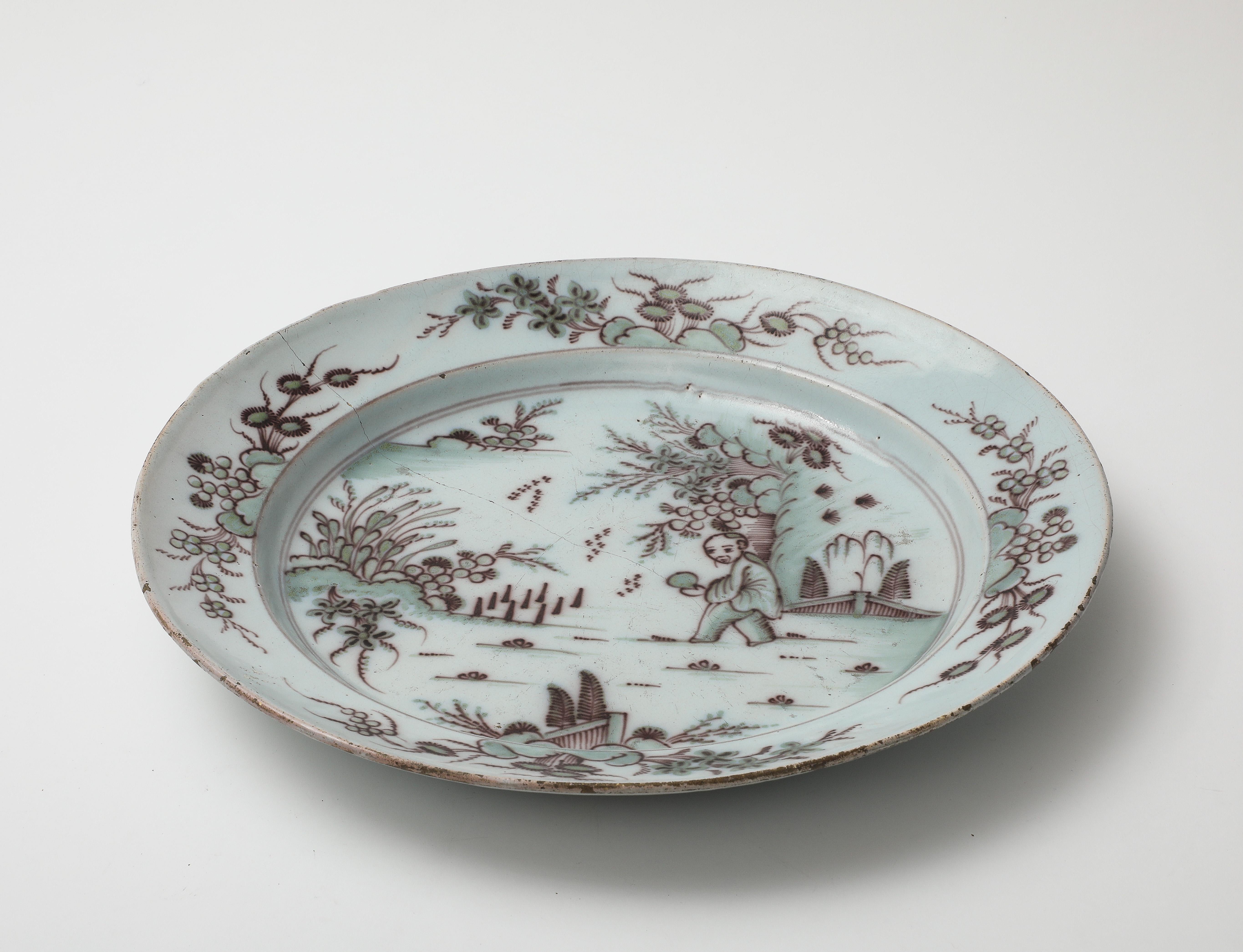 Early 18th C. Delft Manganese Tin Glazed Charger For Sale 4