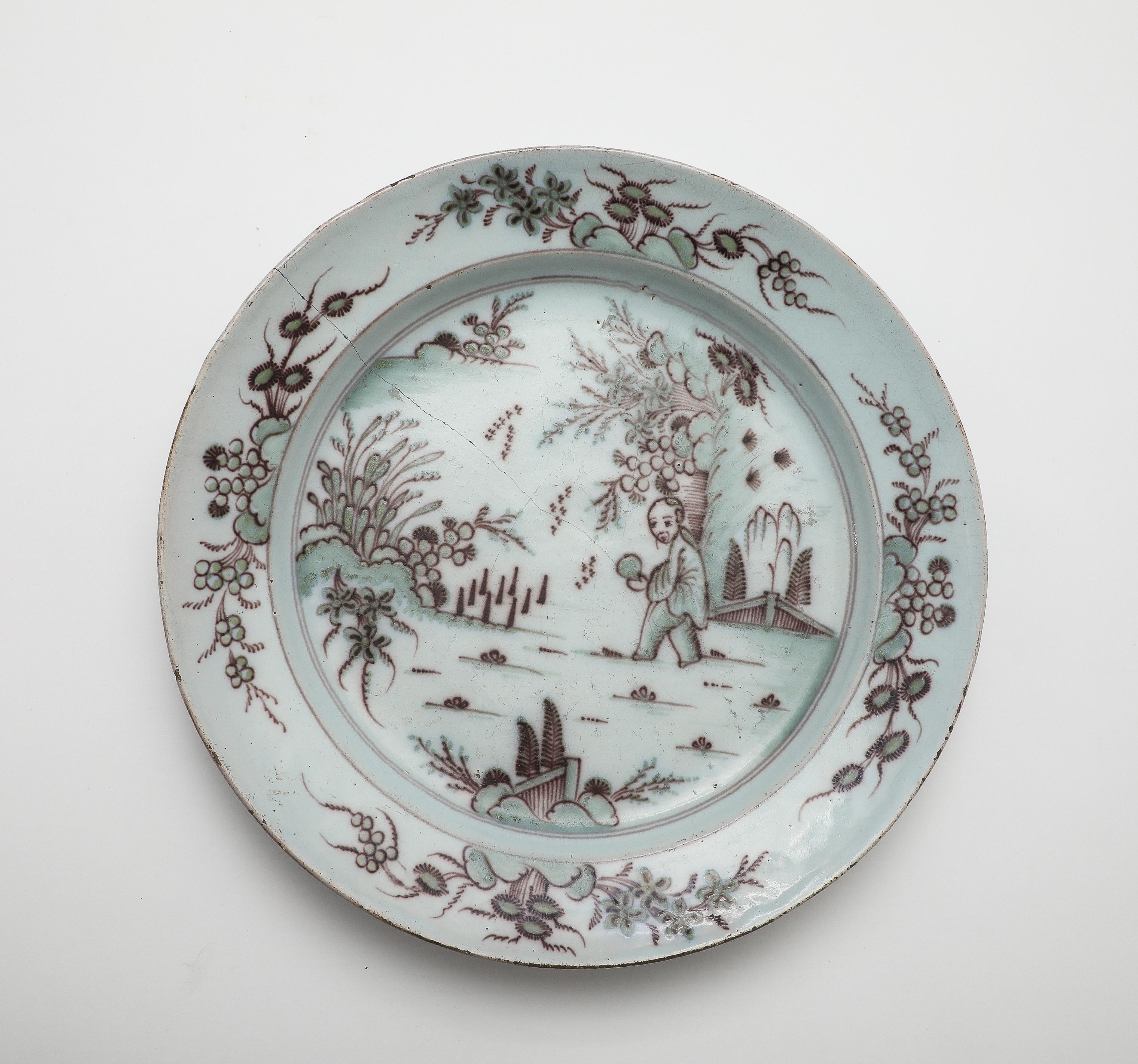 Chinoiserie Early 18th C. Delft Manganese Tin Glazed Charger For Sale