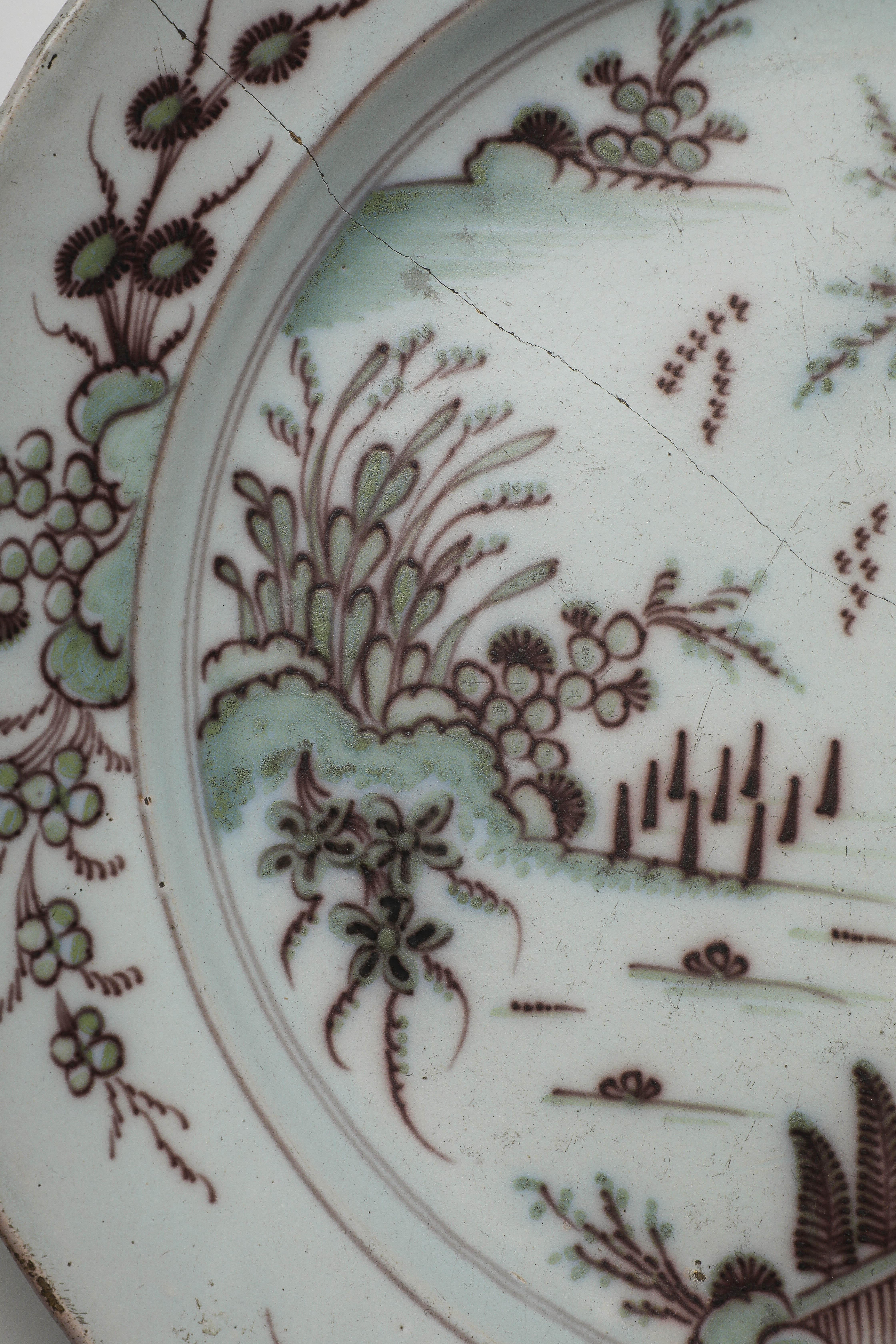 Dutch Early 18th C. Delft Manganese Tin Glazed Charger For Sale