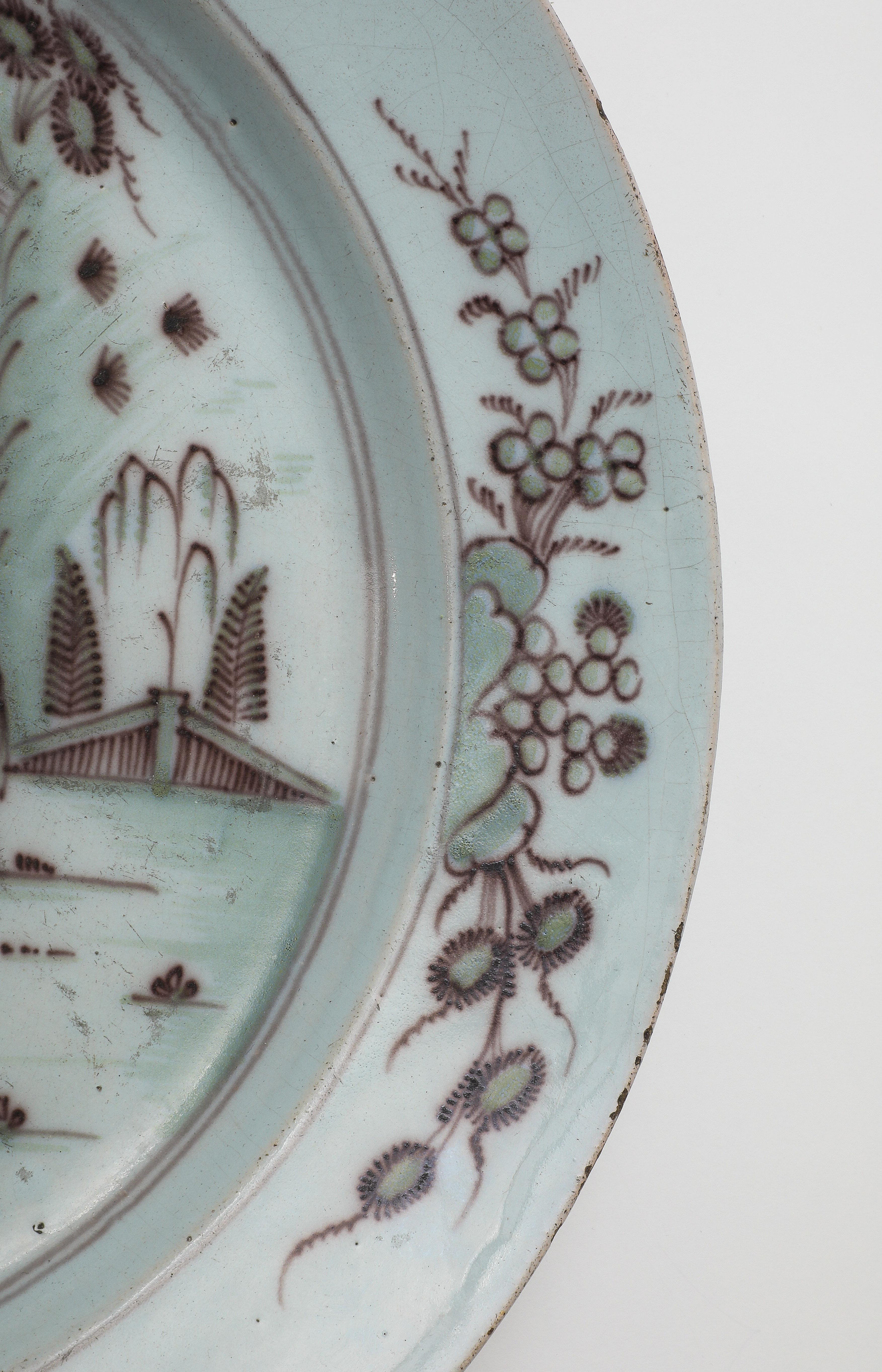 18th Century Early 18th C. Delft Manganese Tin Glazed Charger For Sale
