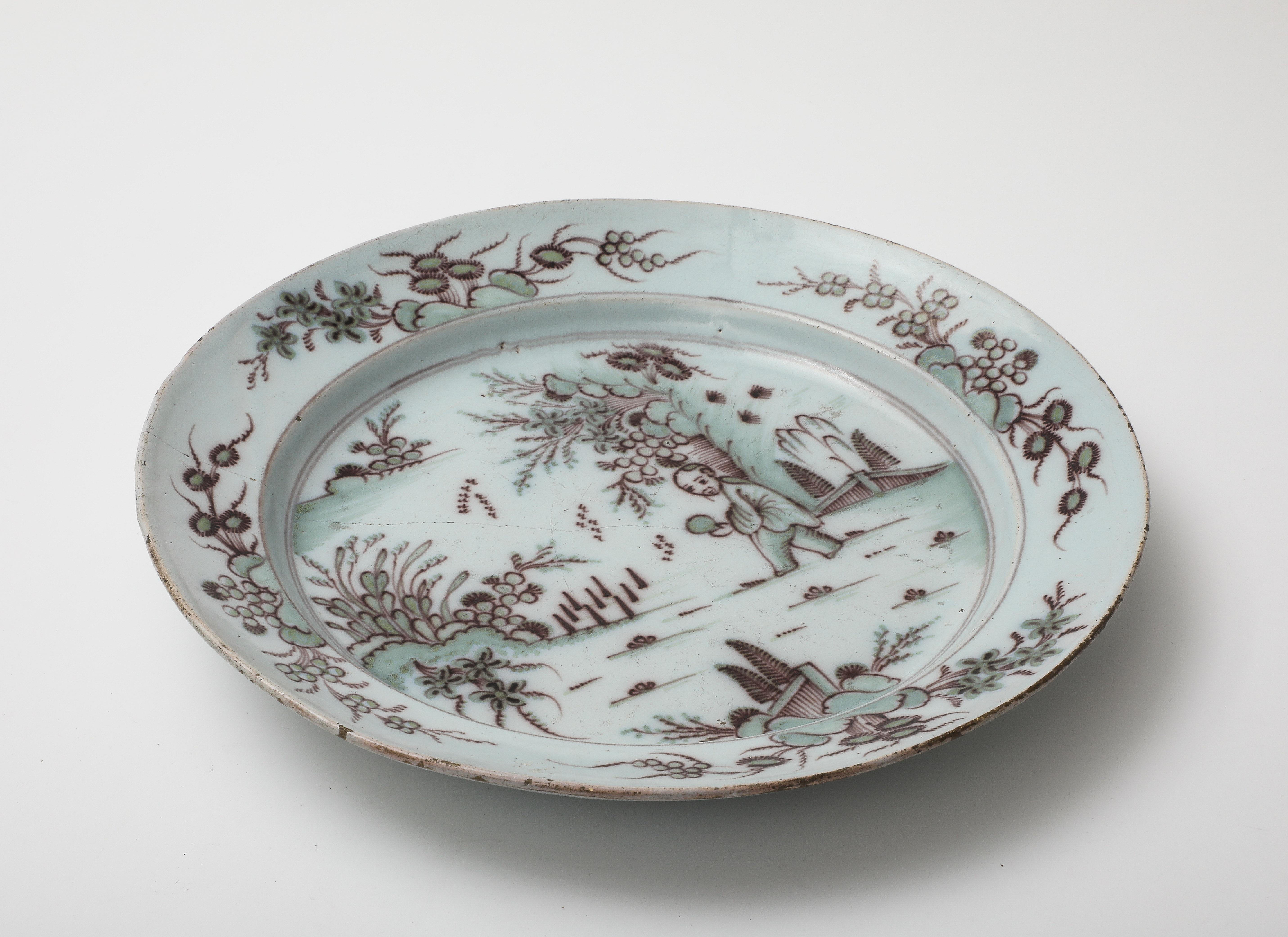 Early 18th C. Delft Manganese Tin Glazed Charger For Sale 1
