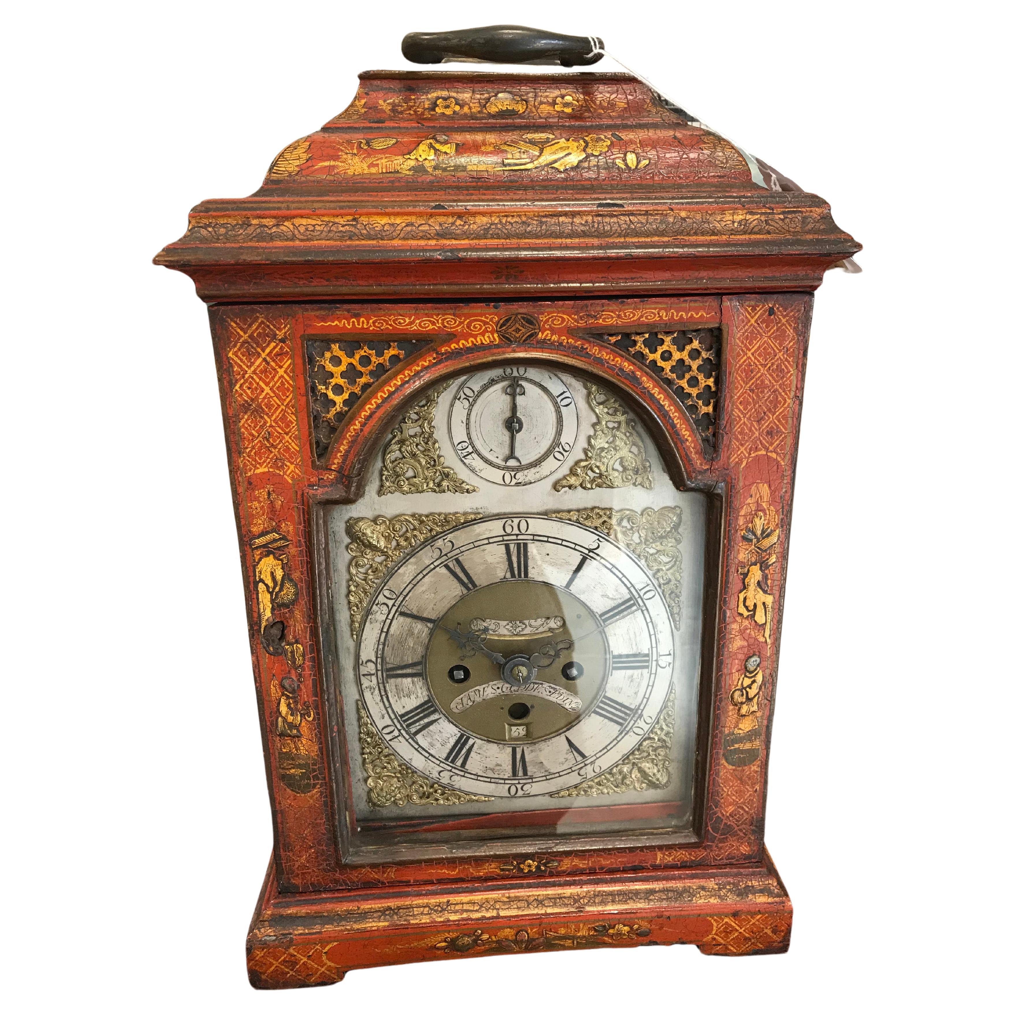 A beautiful Early 18th Century bracket clock with original red lacquer chinoiserie decoration by James Geddes 1728-1755 of Edinburgh 
Originally with Verge escapement converted to anchor escapement in the Victorian times. Runs beautifully and has