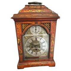 Early 18th C English Red Lacquer Chinoiserie painted bracket clock
