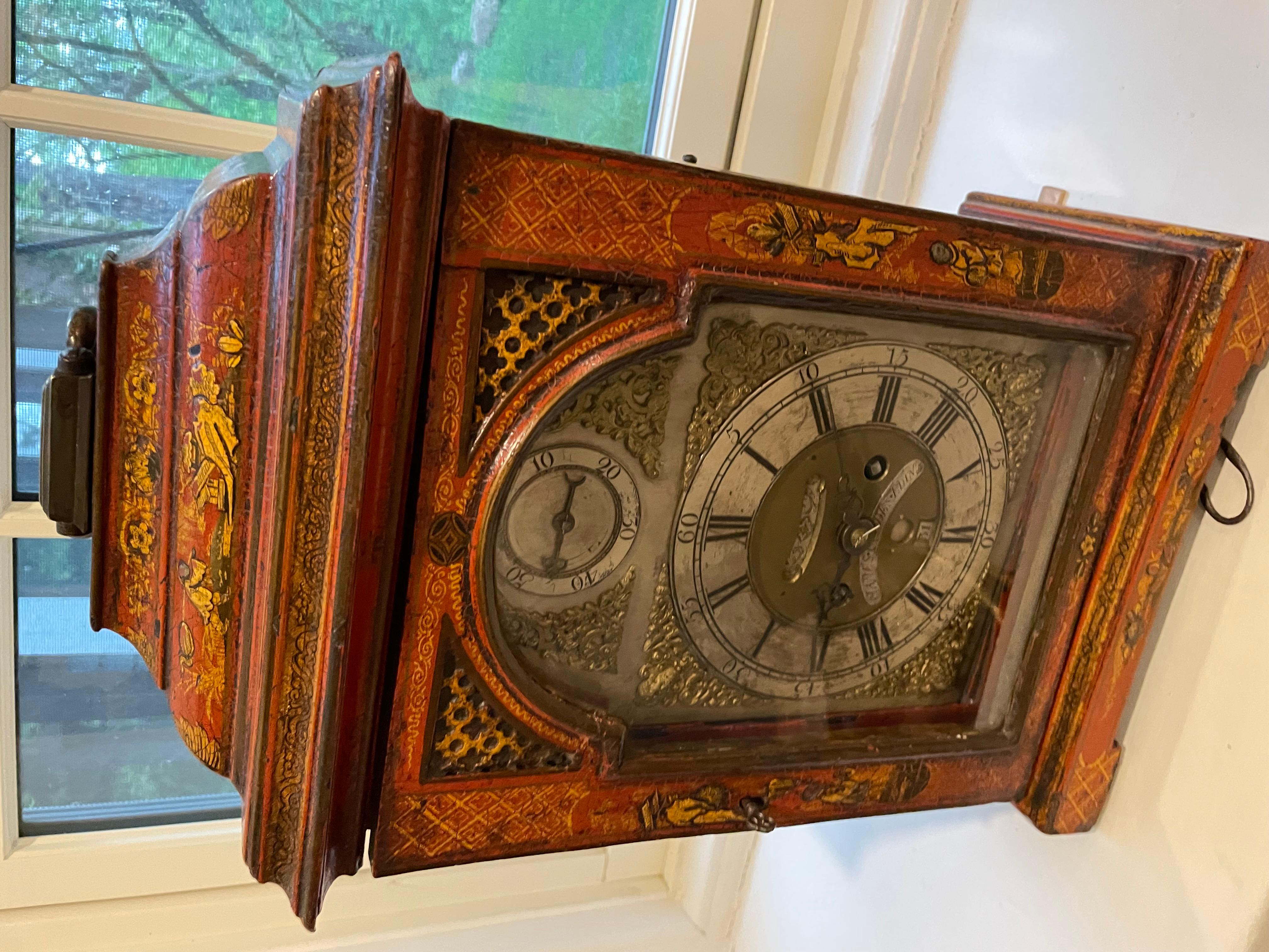 Early 18th C English Red Lacquer Chinoiserie painted bracket clock  For Sale 1