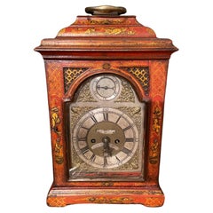 Early 18th C English Red Lacquer Chinoiserie painted bracket clock 