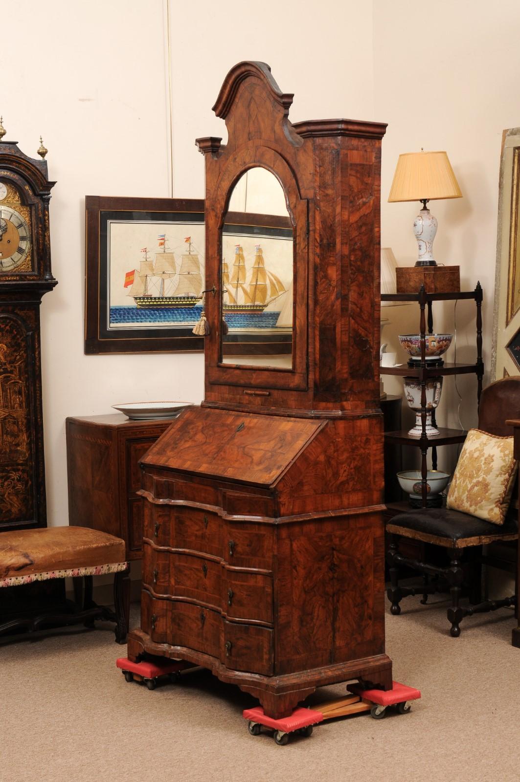 Early 18th C Italian Baroque Figured Walnut Secretary w/ Architectural Pediment For Sale 11