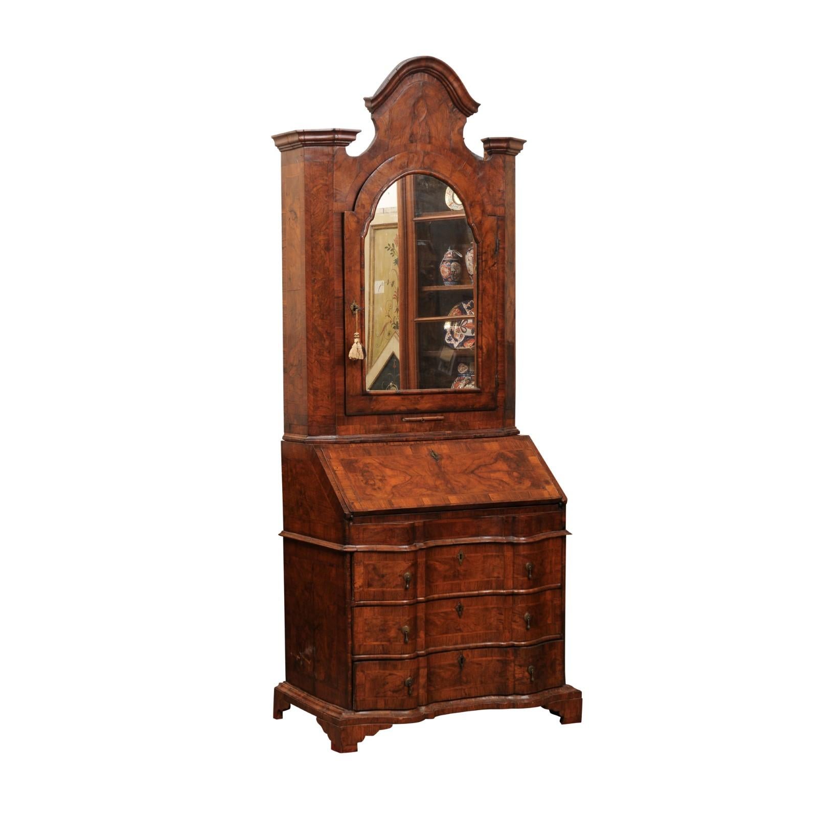 Early 18th Century Italian Baroque Figured Walnut Secretary with Architectural Pediment, Arched Mirror Cabinet Door