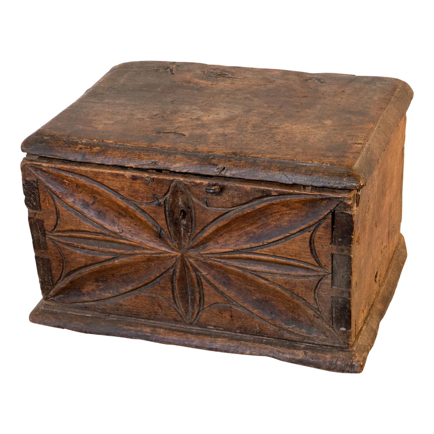 Early 18th Century Italian Carved and Dovetailed Walnut Alms Box