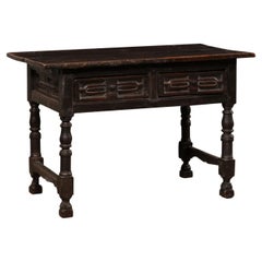 Antique Italian Carved-Walnut Occasional Table W/Drawers, All Sides Carved, Early 18th C