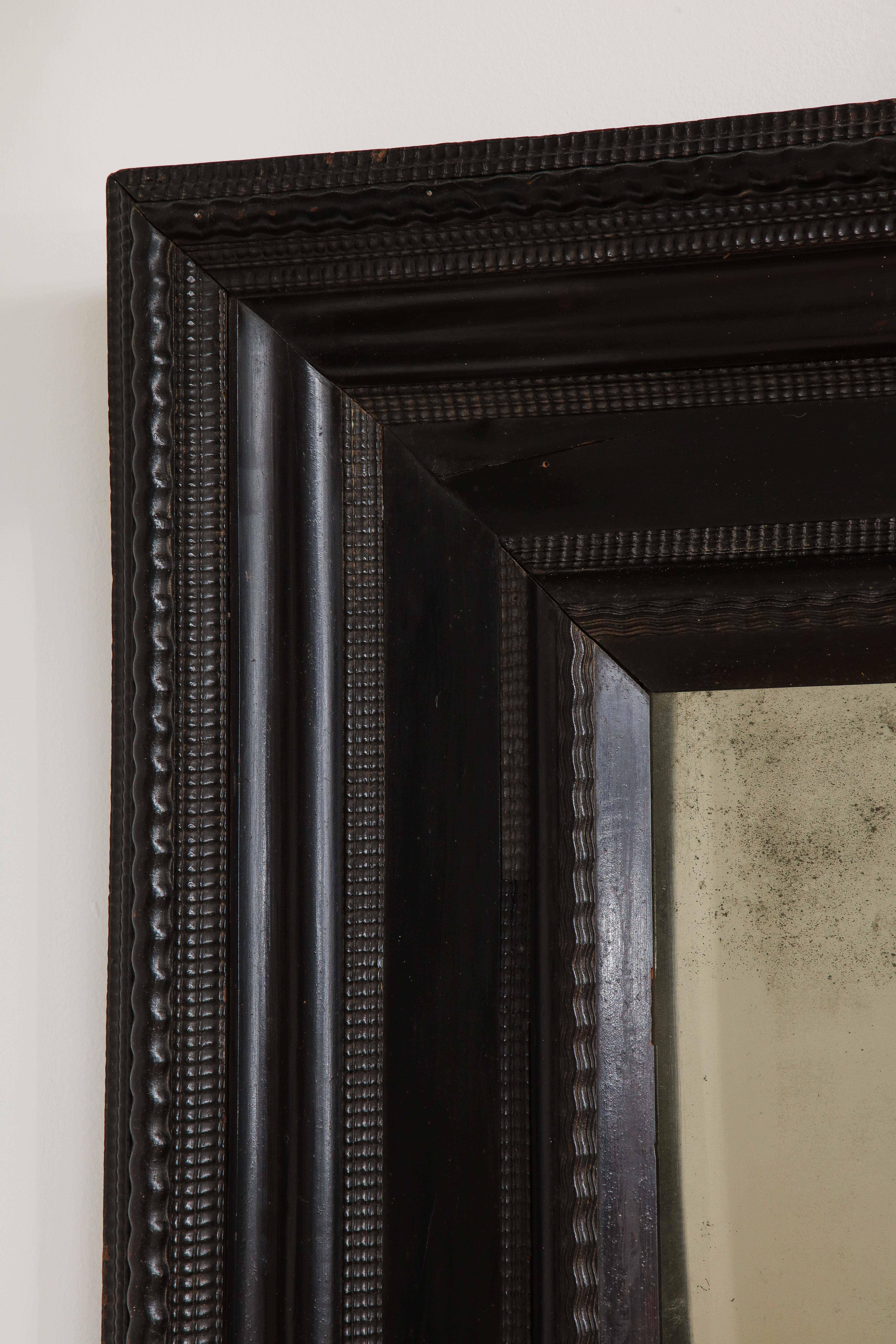 Hand-Carved Early 18th C Italian Ebonized Mirror with Guilloche Detail, Italy, 1750