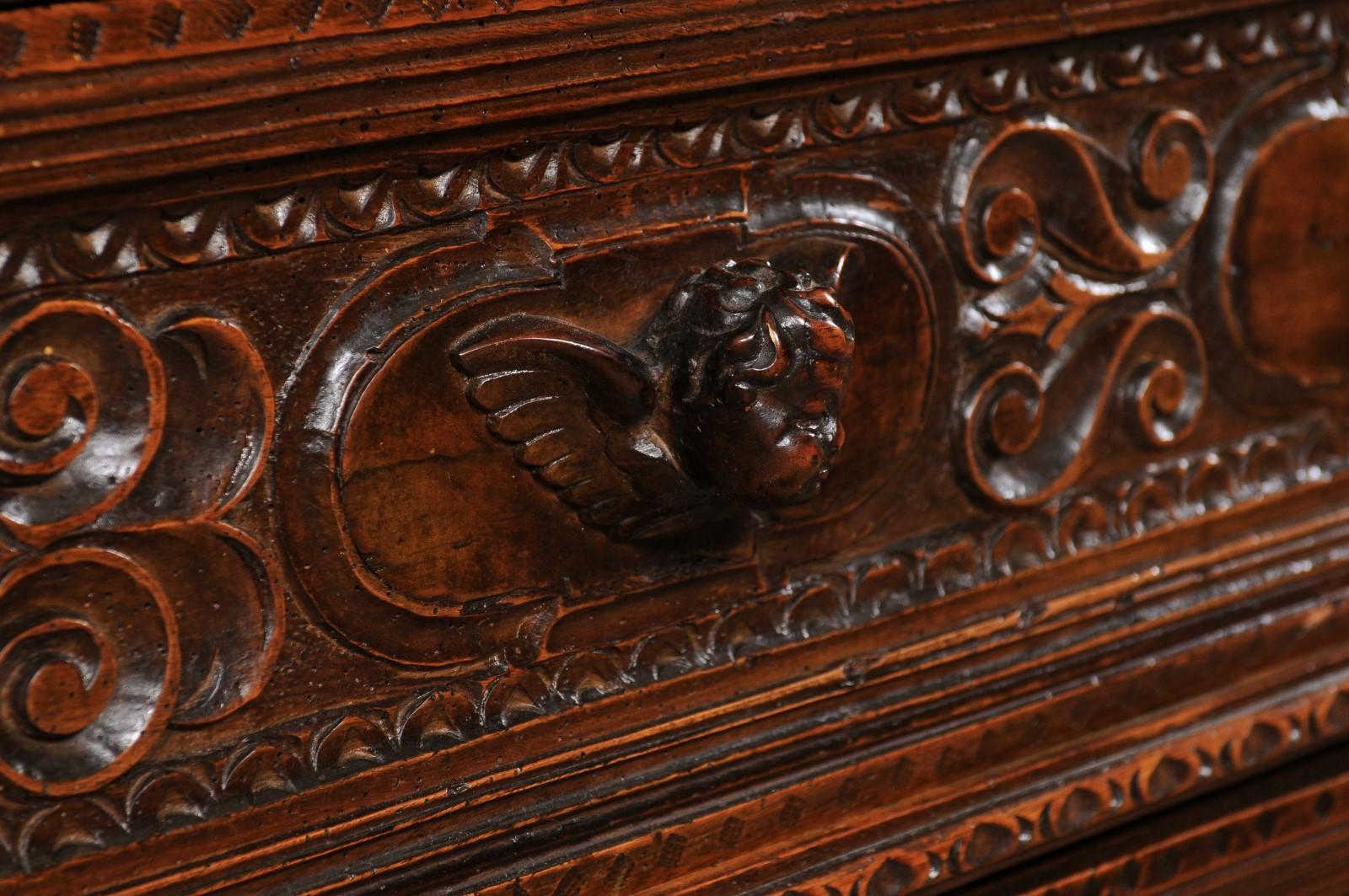Walnut Early 18th C Italian Elaborately-Embellished Commode w/Putti Carved Drawer Pulls For Sale