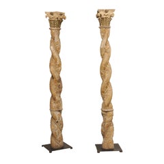 Early 18th C. Italian Pair of Ornate 7.25 ft Tall Wood Columns on Custom Stands