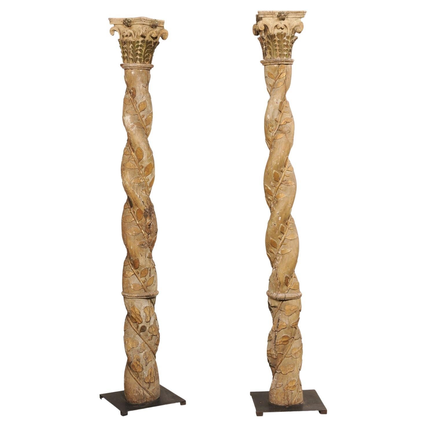 Early 18th C. Italian Pair of Ornate 7.25 ft Tall Wood Columns on Custom Stands For Sale