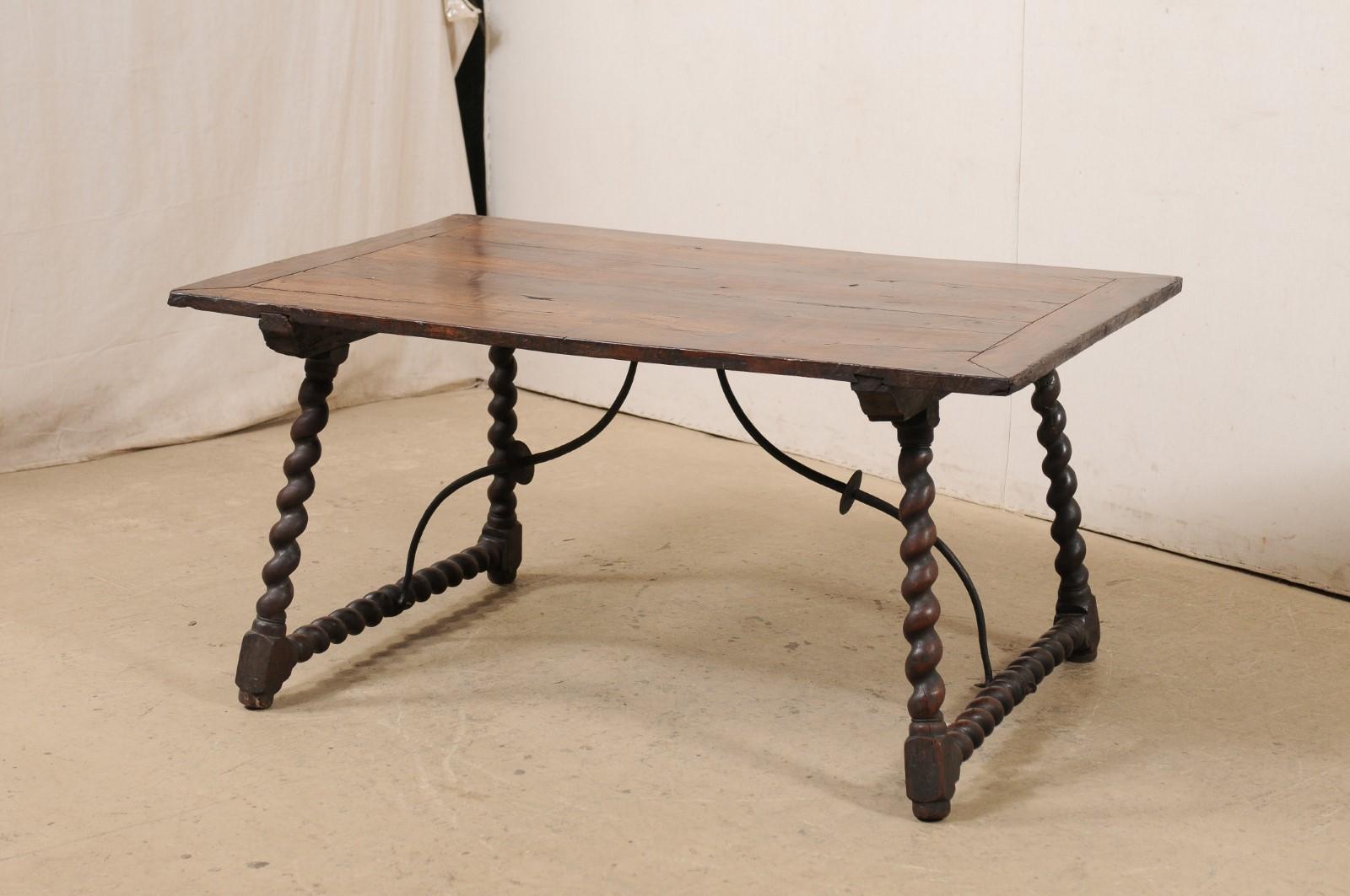 Early 18th C. Italian Table w/Forged Iron Stretcher and Barely-Twist Legs For Sale 2