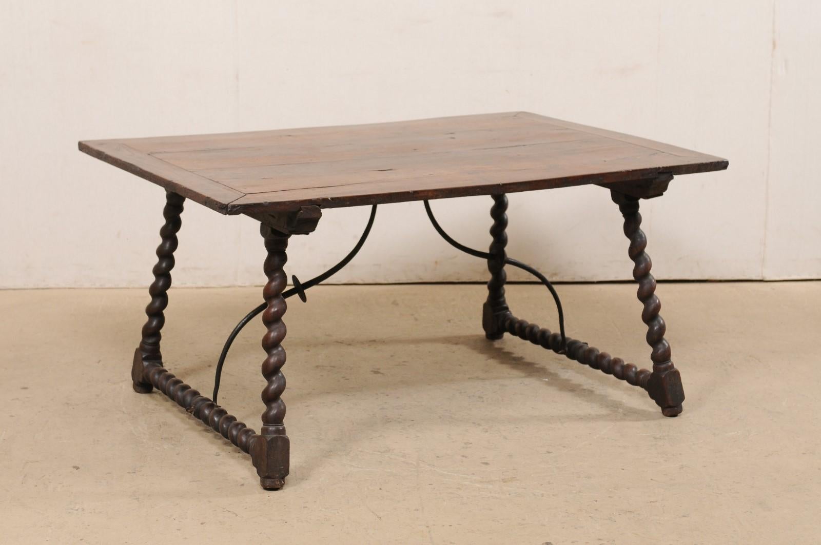Wood Early 18th C. Italian Table w/Forged Iron Stretcher and Barely-Twist Legs For Sale