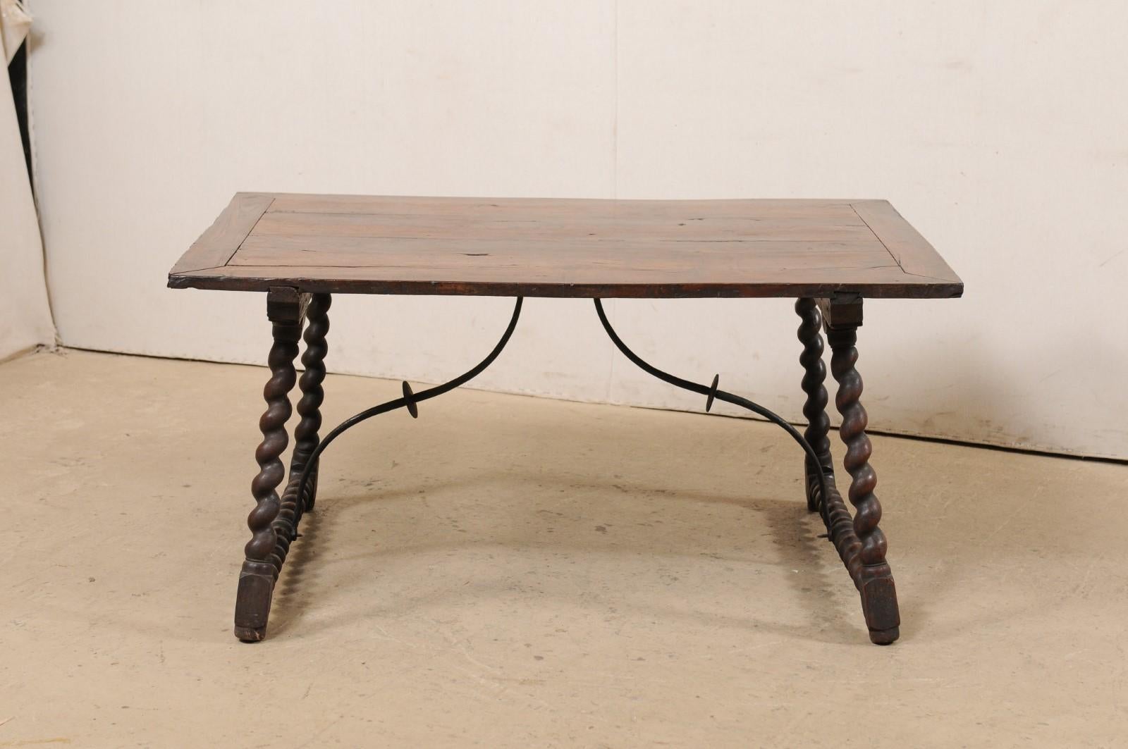 Early 18th C. Italian Table w/Forged Iron Stretcher and Barely-Twist Legs For Sale 1