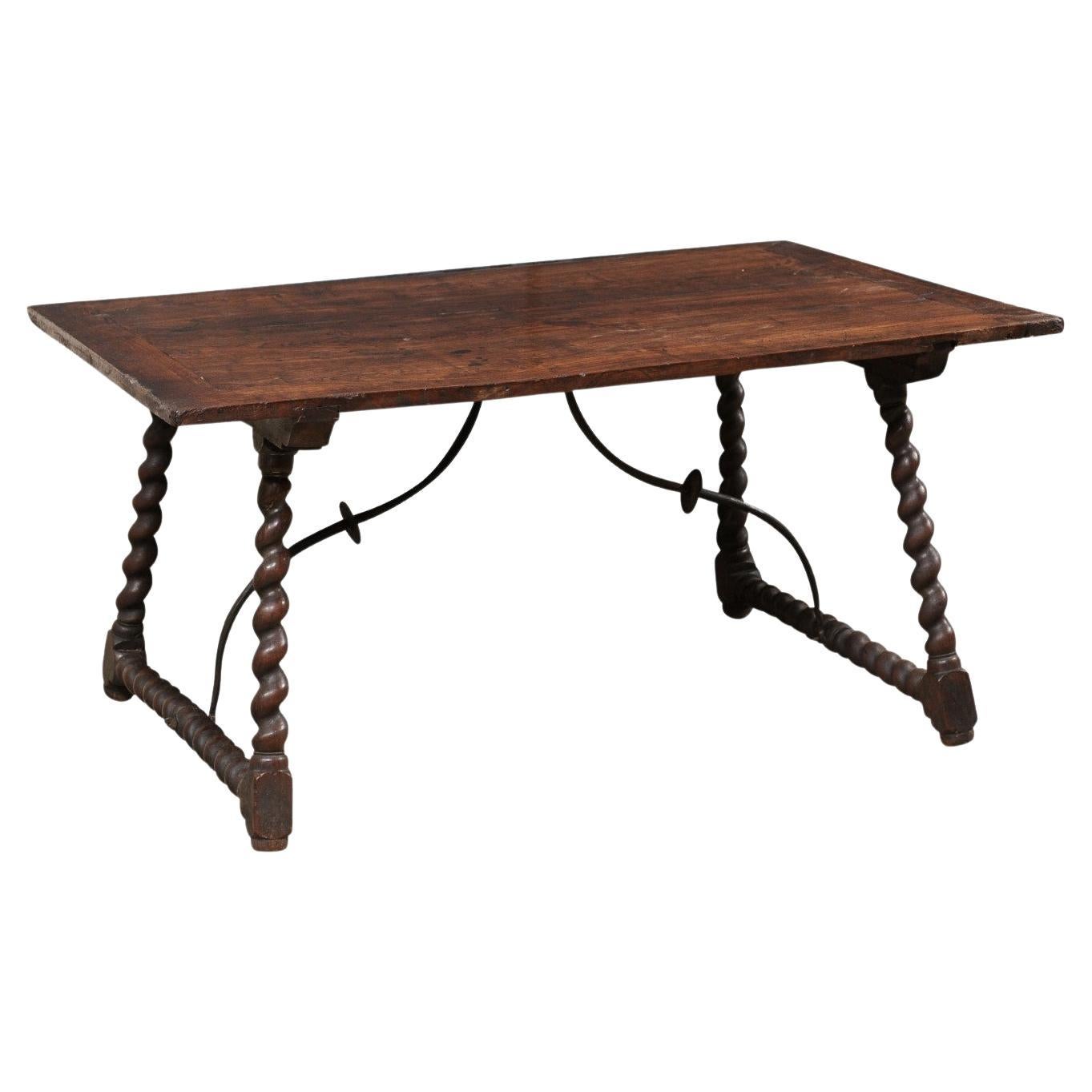 Early 18th C. Italian Table w/Forged Iron Stretcher and Barely-Twist Legs