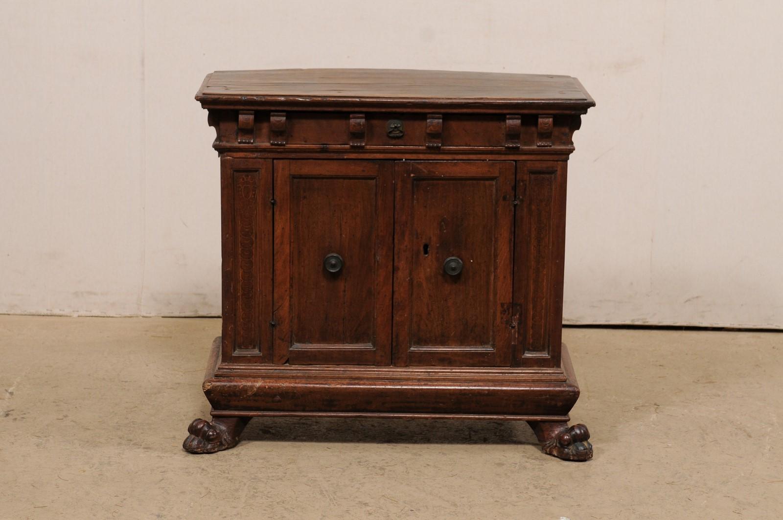 18th Century and Earlier Early 18th C. Italian Two-Door Walnut Cabinet Presented on Paw Feet For Sale