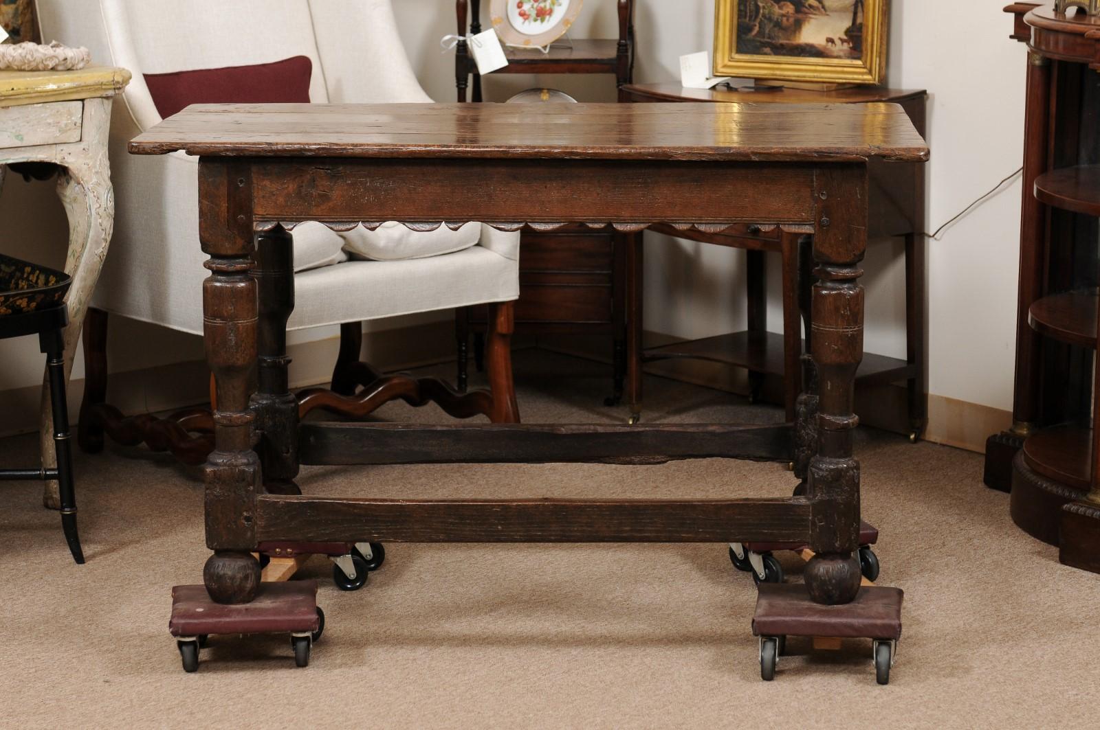 Early 18th C Oak Console Table with Carved Apron, Turned Legs & Box stretcher For Sale 5