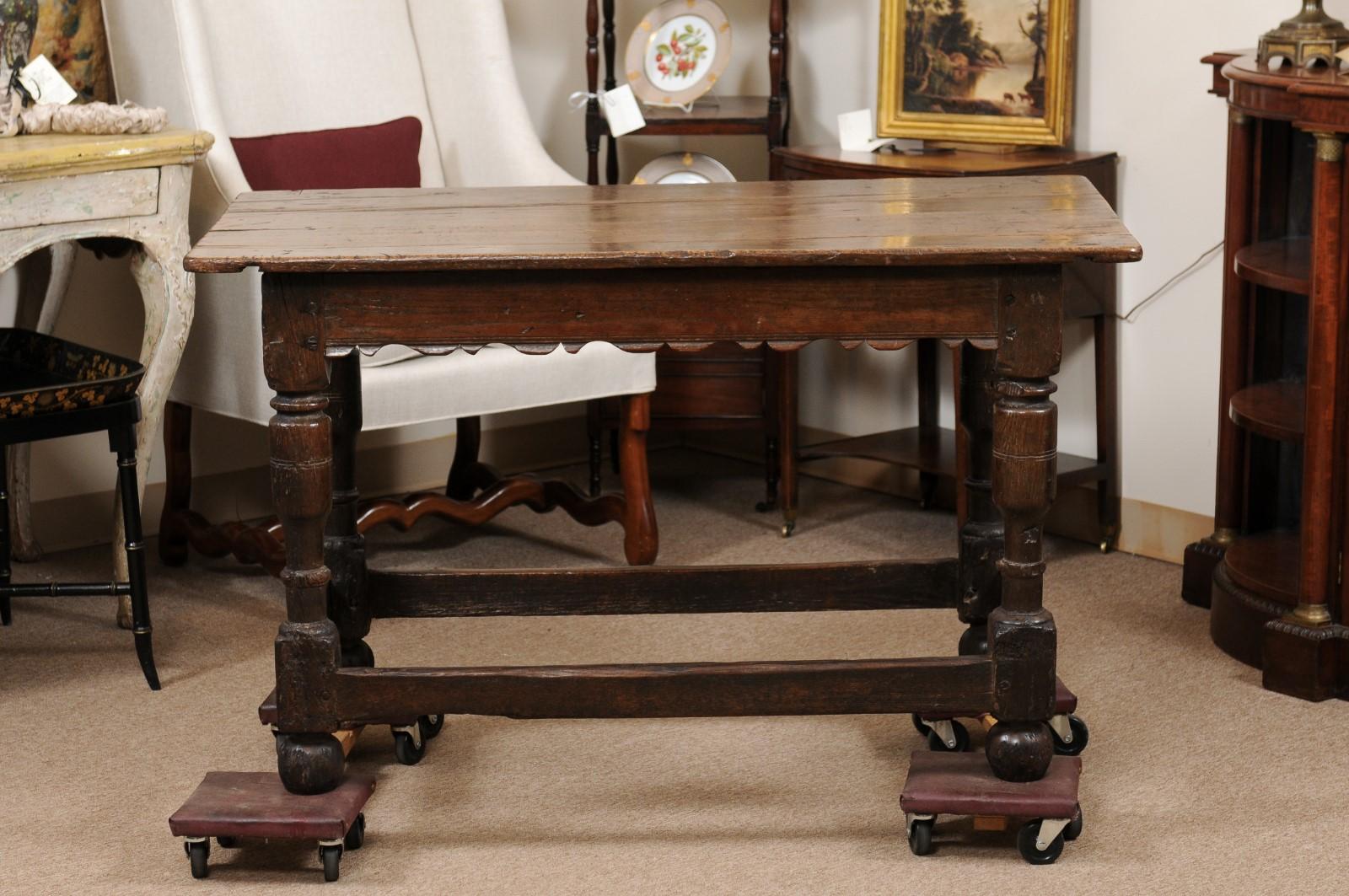 Early 18th C Oak Console Table with Carved Apron, Turned Legs & Box stretcher In Good Condition For Sale In Atlanta, GA