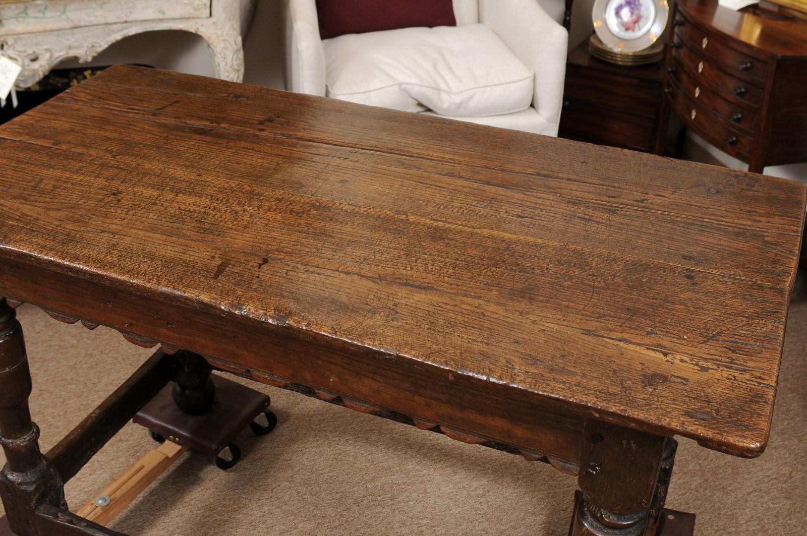 Early 18th C Oak Console Table with Carved Apron, Turned Legs & Box stretcher For Sale 1