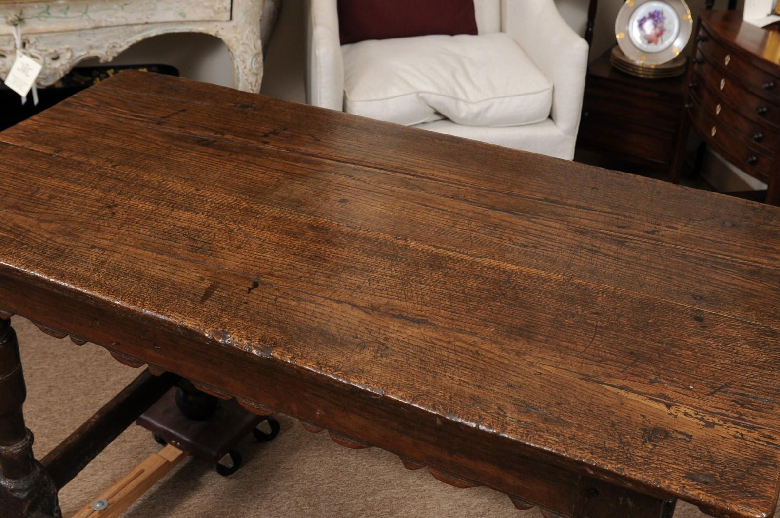 Early 18th C Oak Console Table with Carved Apron, Turned Legs & Box stretcher For Sale 2