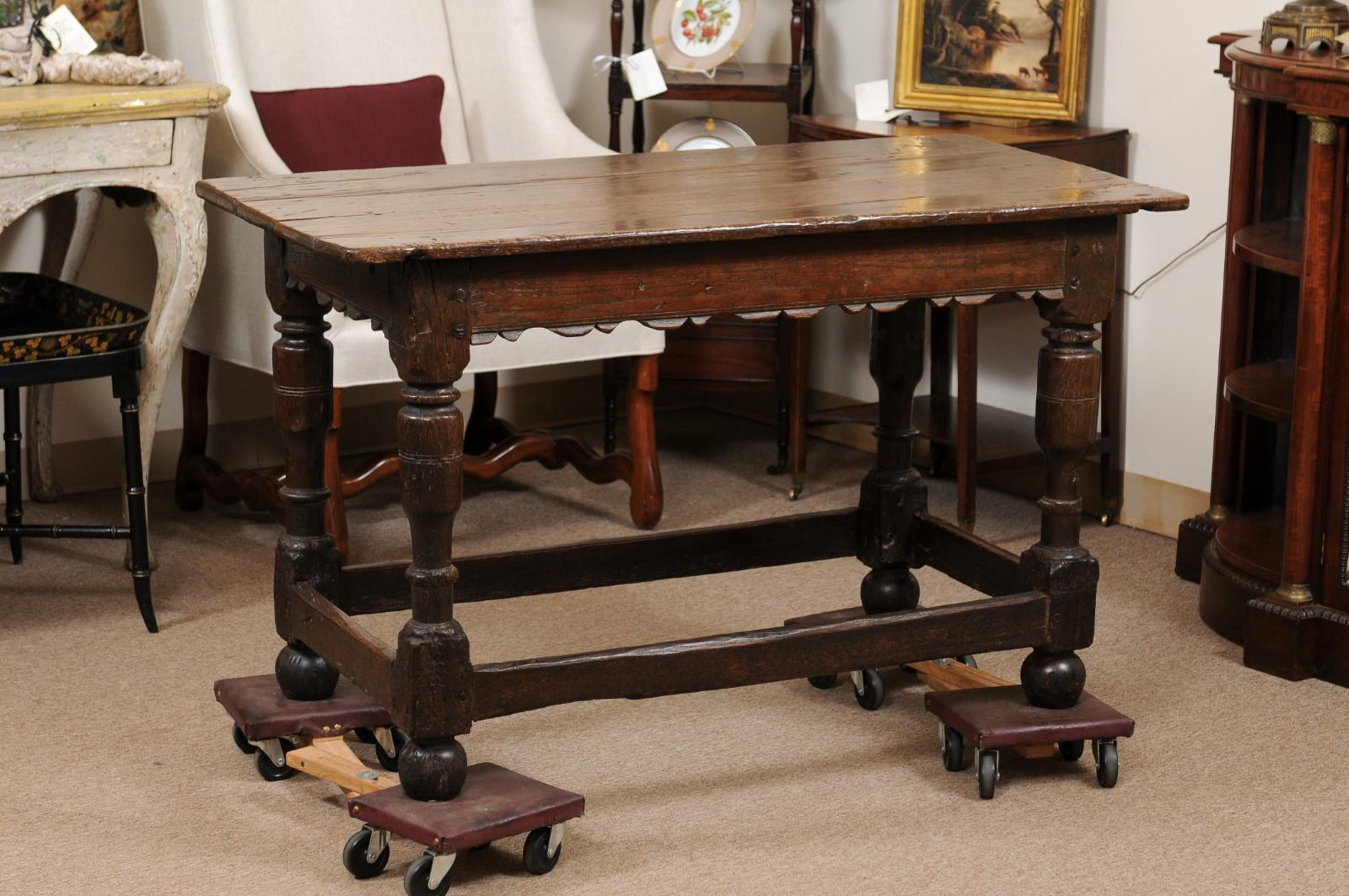 Early 18th C Oak Console Table with Carved Apron, Turned Legs & Box stretcher For Sale 3