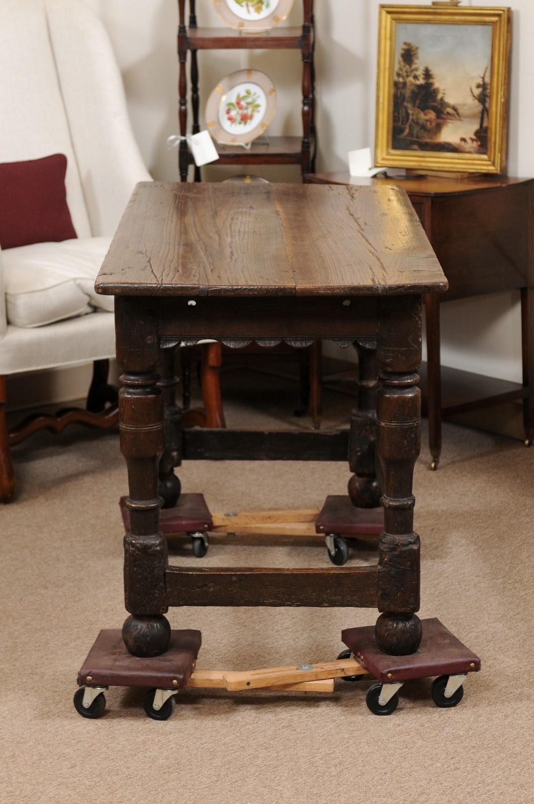 Early 18th C Oak Console Table with Carved Apron, Turned Legs & Box stretcher For Sale 4