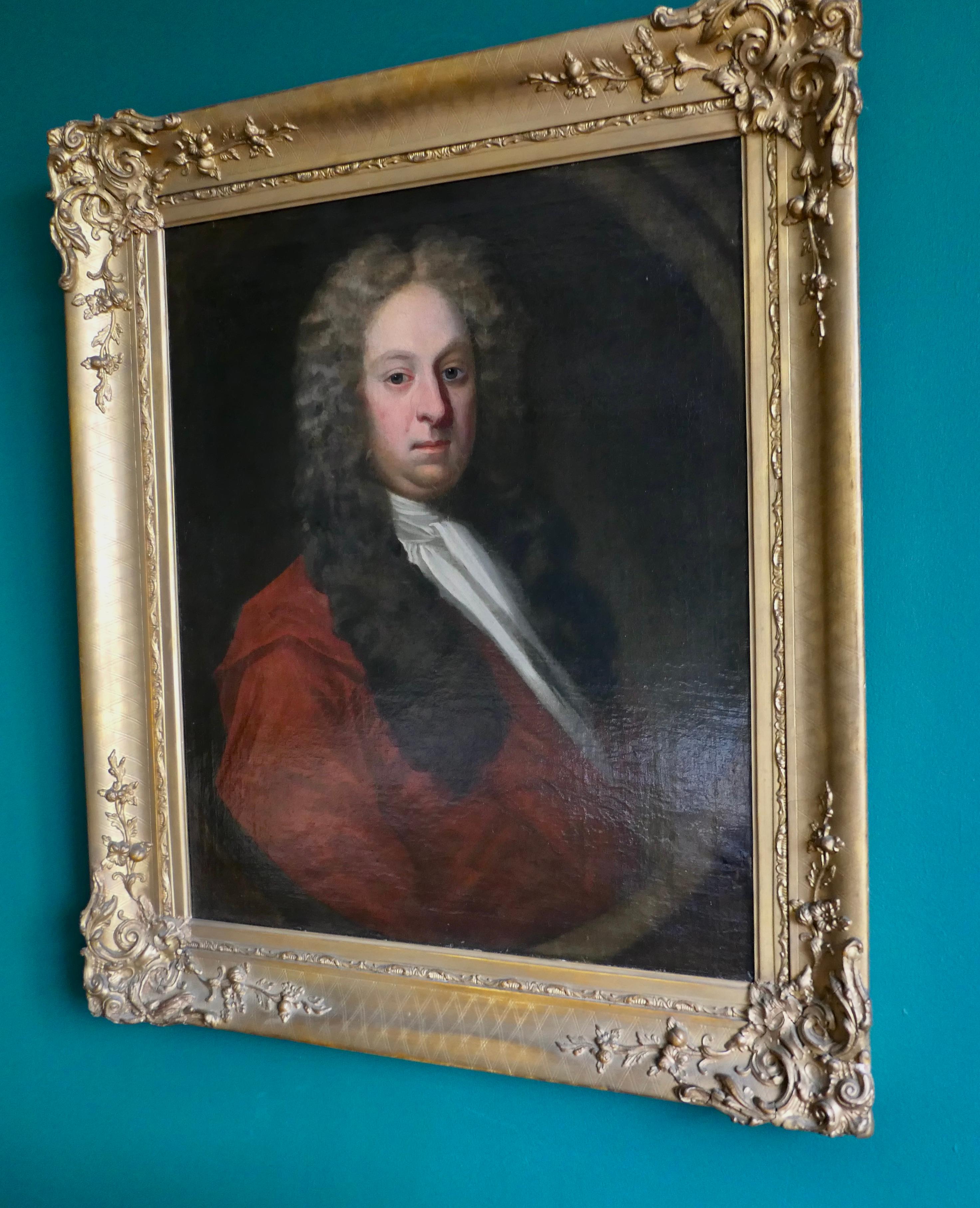 Early 18th century portrait of a gentleman, William Woodhouse of Rearsby Hall.

Superbly painted, oil on canvas in nice condition, the portrait shows a gentleman in a large wig with his head turned slightly to the right, and he is wearing a white