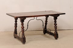 Spanish Walnut Table with Trestle-Legs and Forged Iron Stretcher
