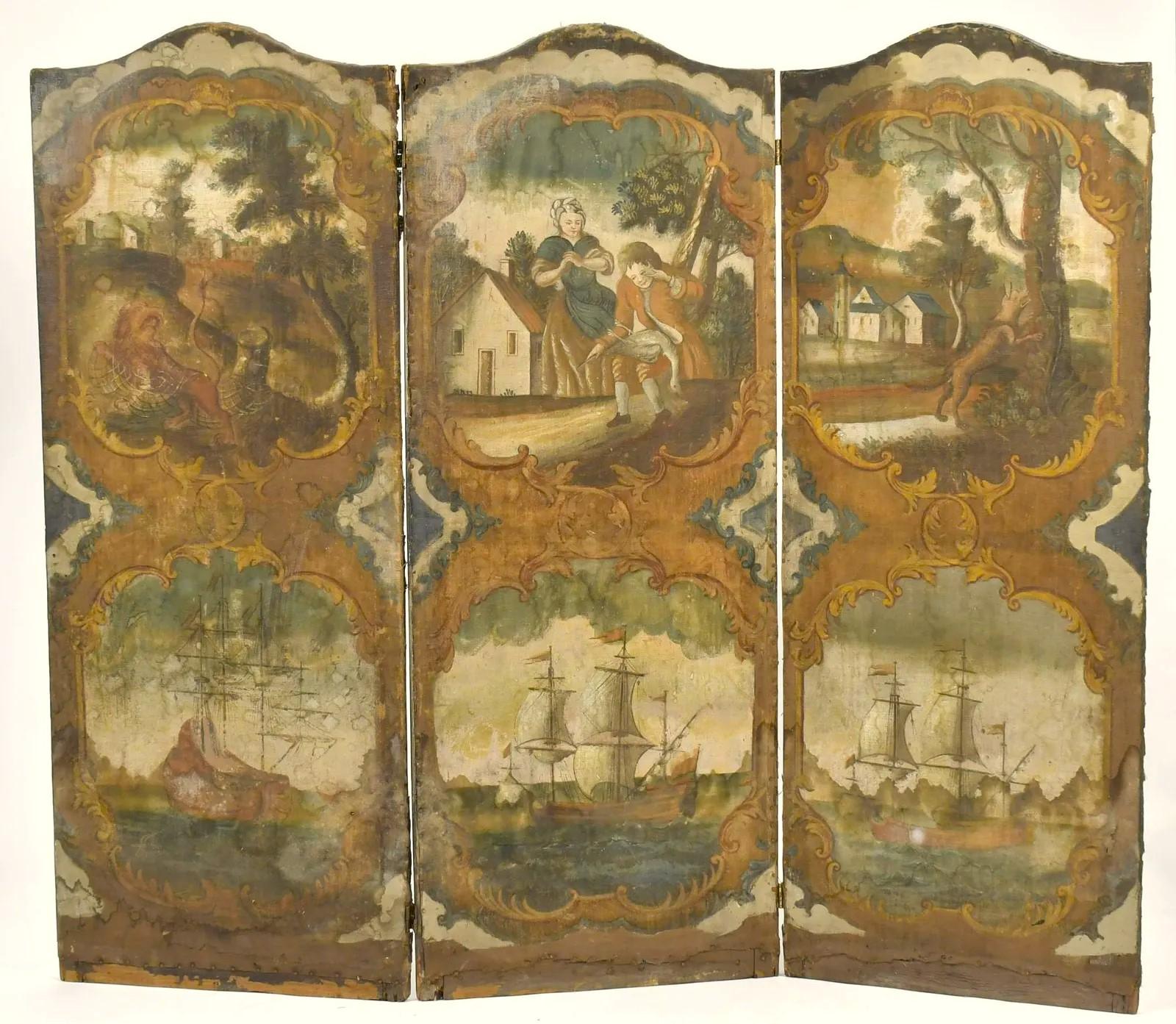 An early 18th century French 3-panel folding screen, oil-on-canvas, depicting village and maritime scenes in cartouches with other decoration.