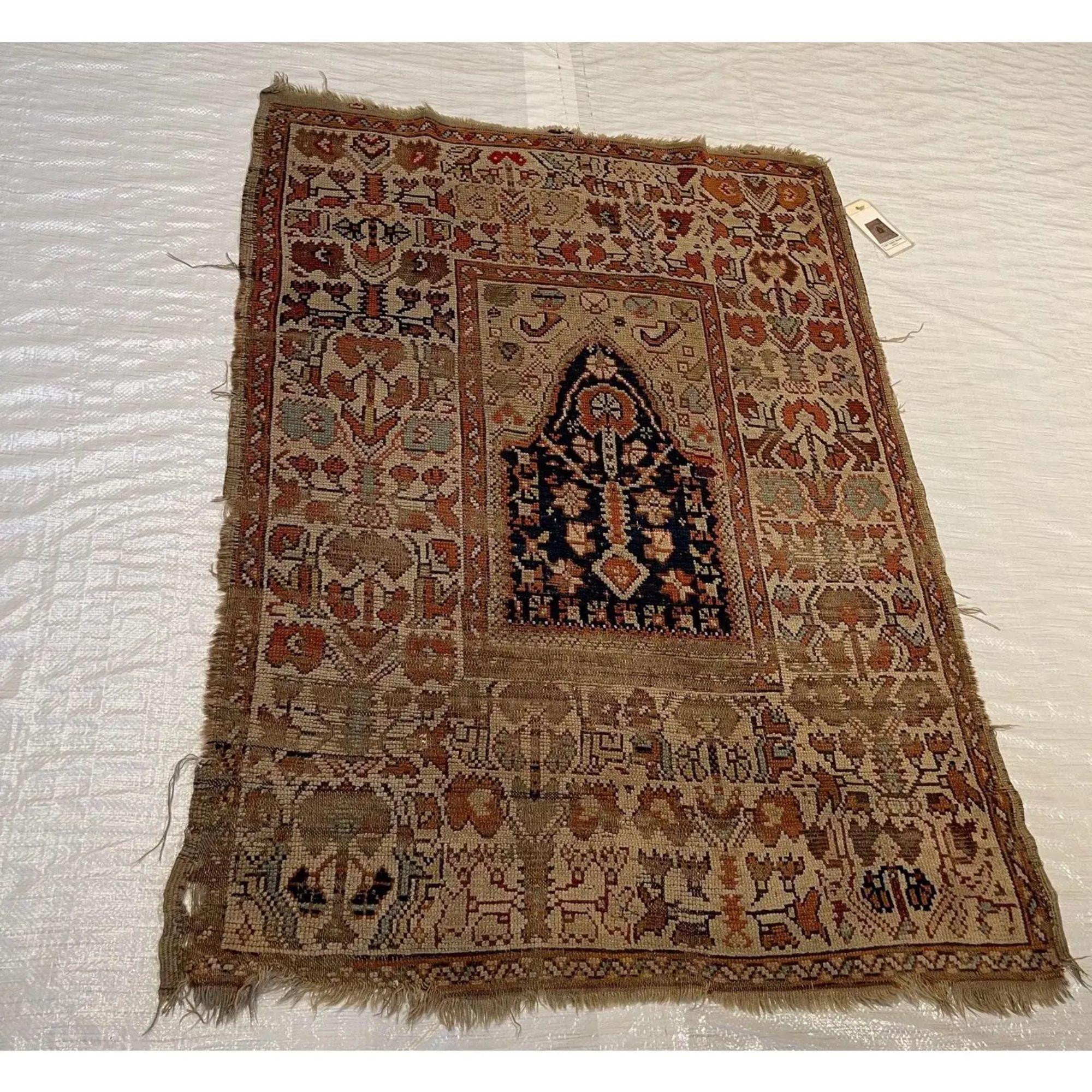 Tribal Early-18th Century Antique Prayer Turkish Rug 4'6'' X 3'3'' For Sale