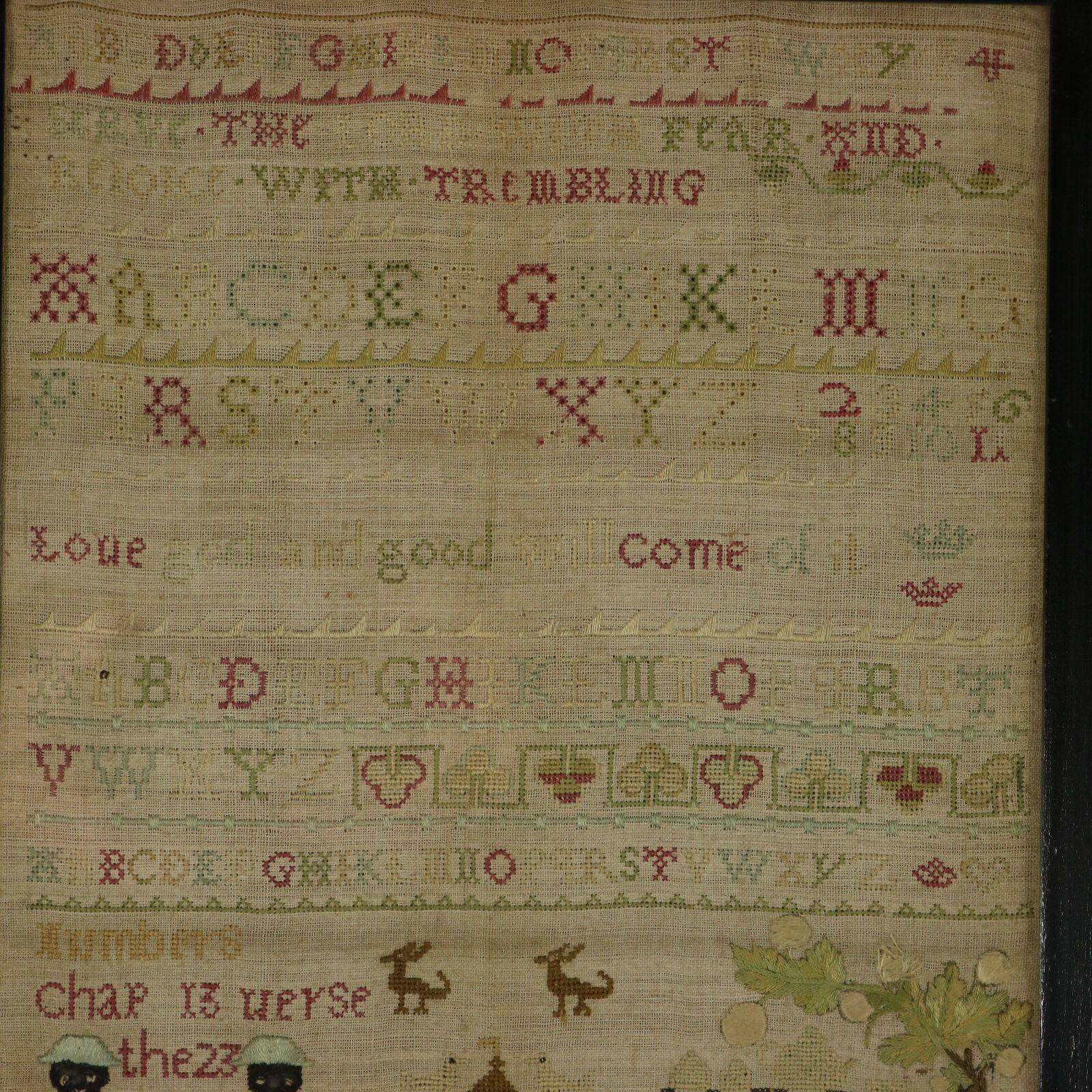 Queen Anne Band Sampler, 1713, by Ann Arner. The sampler is worked in silk on a linen ground, in a variety of stitches. Divider lines in various patterns. Colours black, red, pale green, dark brown, copper, pink, pale blue and silver. Multiple