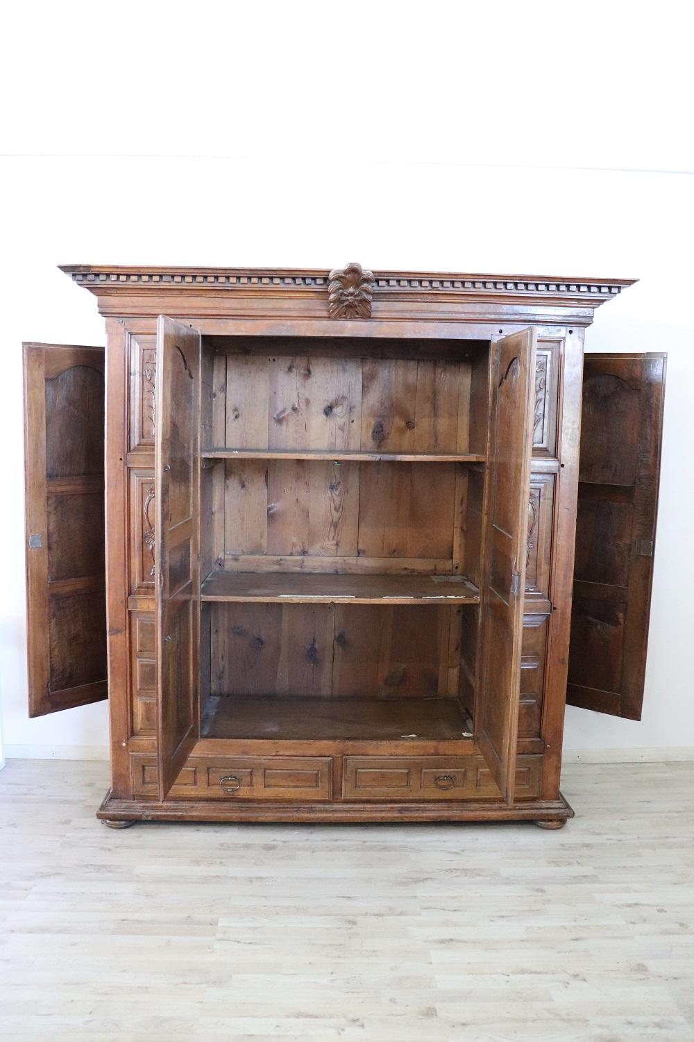 Hand-Carved Early 18th Century Baroque Carved Walnut Antique Wardrobe, Cabinet with Secrets