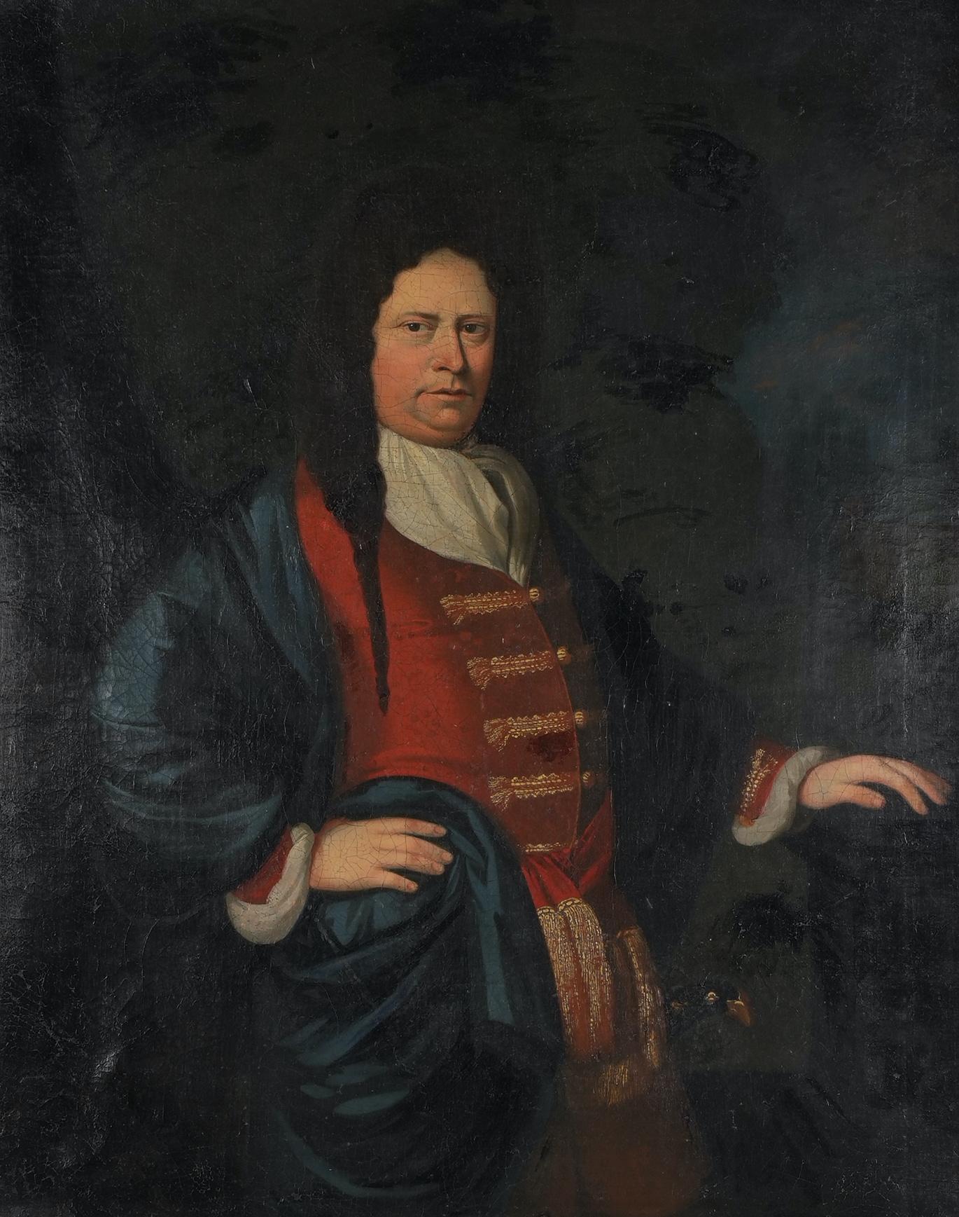An oil-on-canvas full-scale portrait of a standing man in costume typical of the Baroque era of c. 1720, France. Purchased from a dealer in Geneva, Switzerland. The canvas is in good condition, but would benefit from a cleaning.