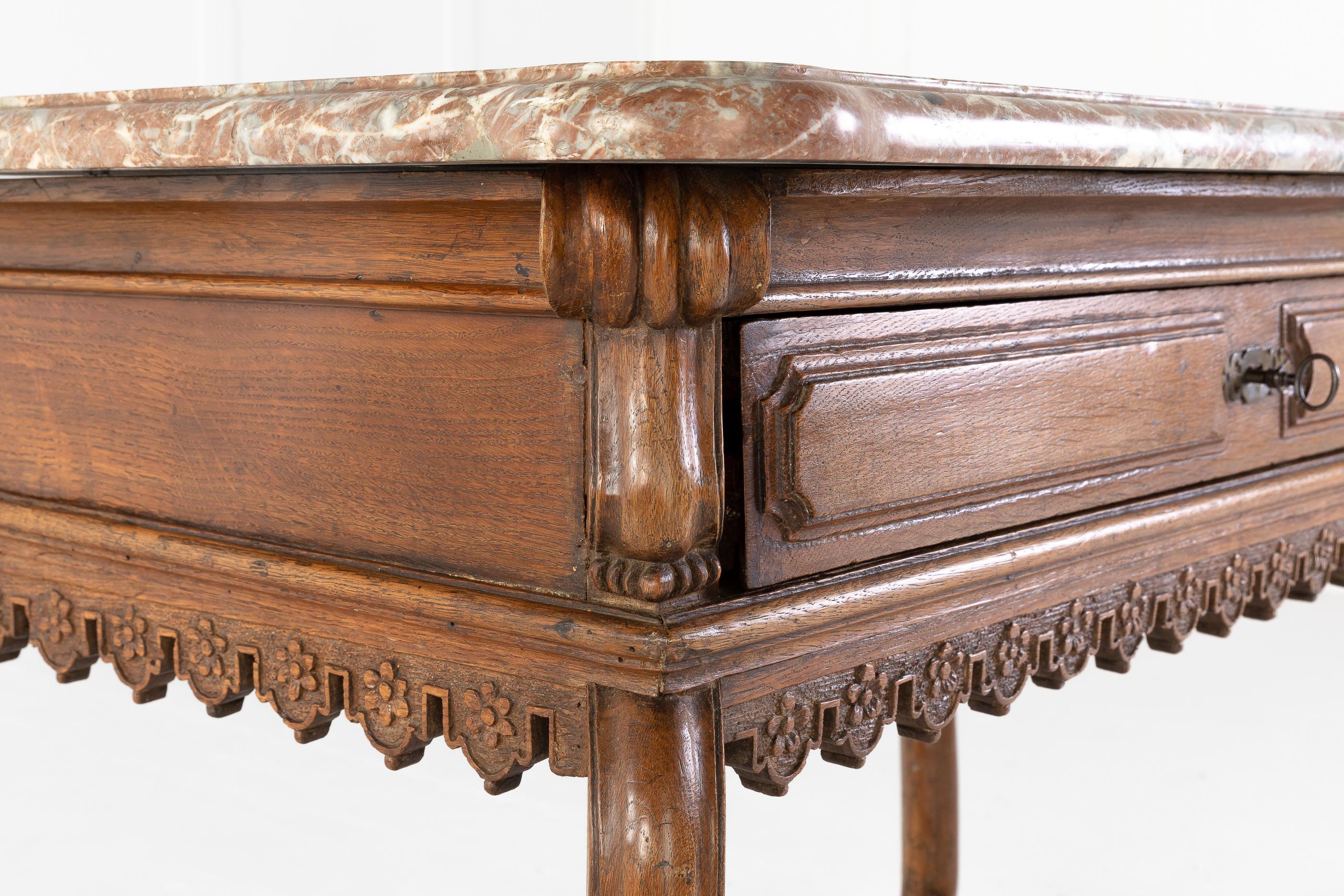 Early 18th Century Belgian Oak Side Table with Marble Top For Sale 1