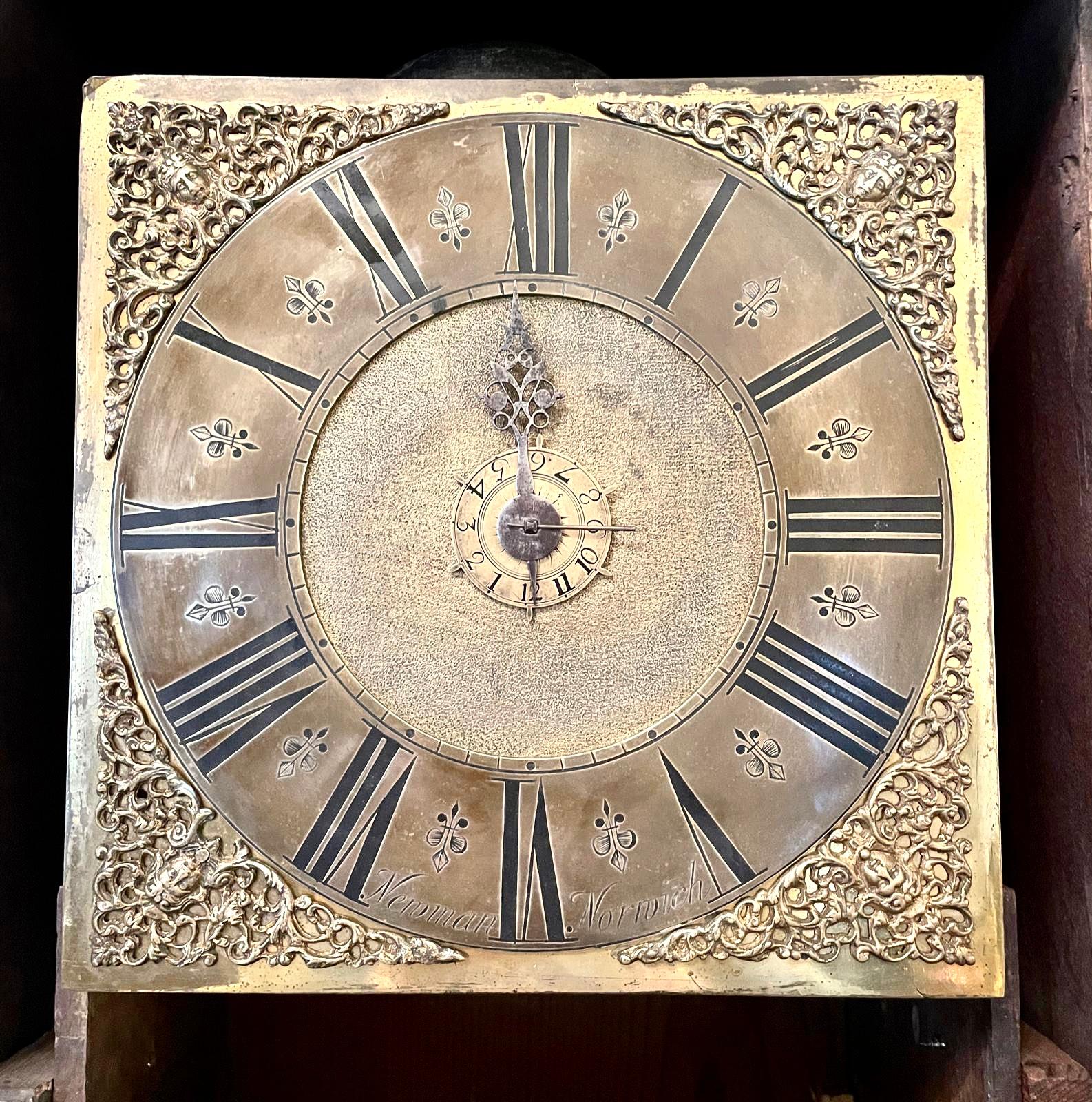 English Early 18th Century Brass Face Antique Grandfather Clock by Newman of Norwich