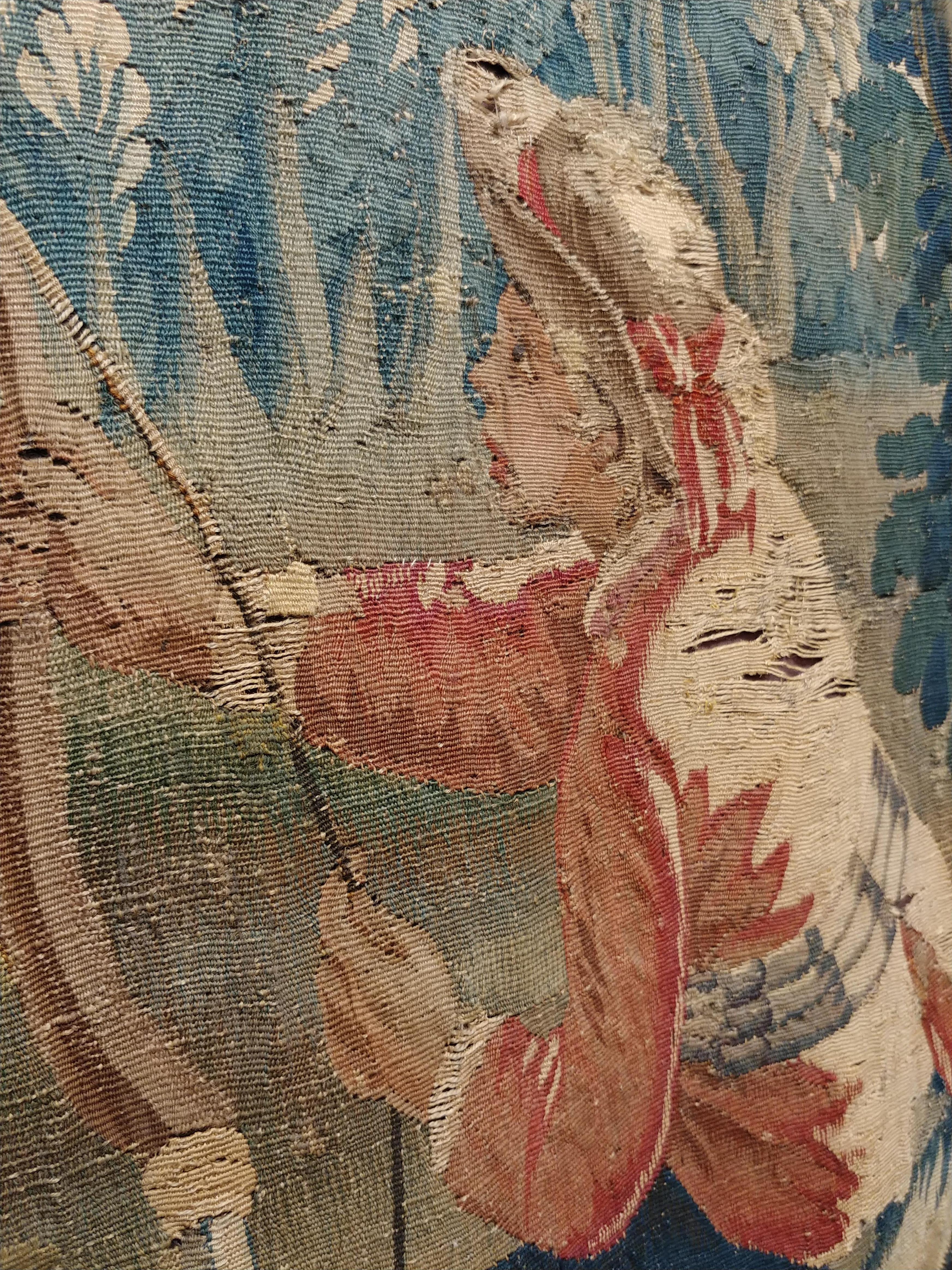 Belgian Early 18th Century Brussel Tapestry, Finely Woven, Red, Blue, Green, Silk & Wool For Sale