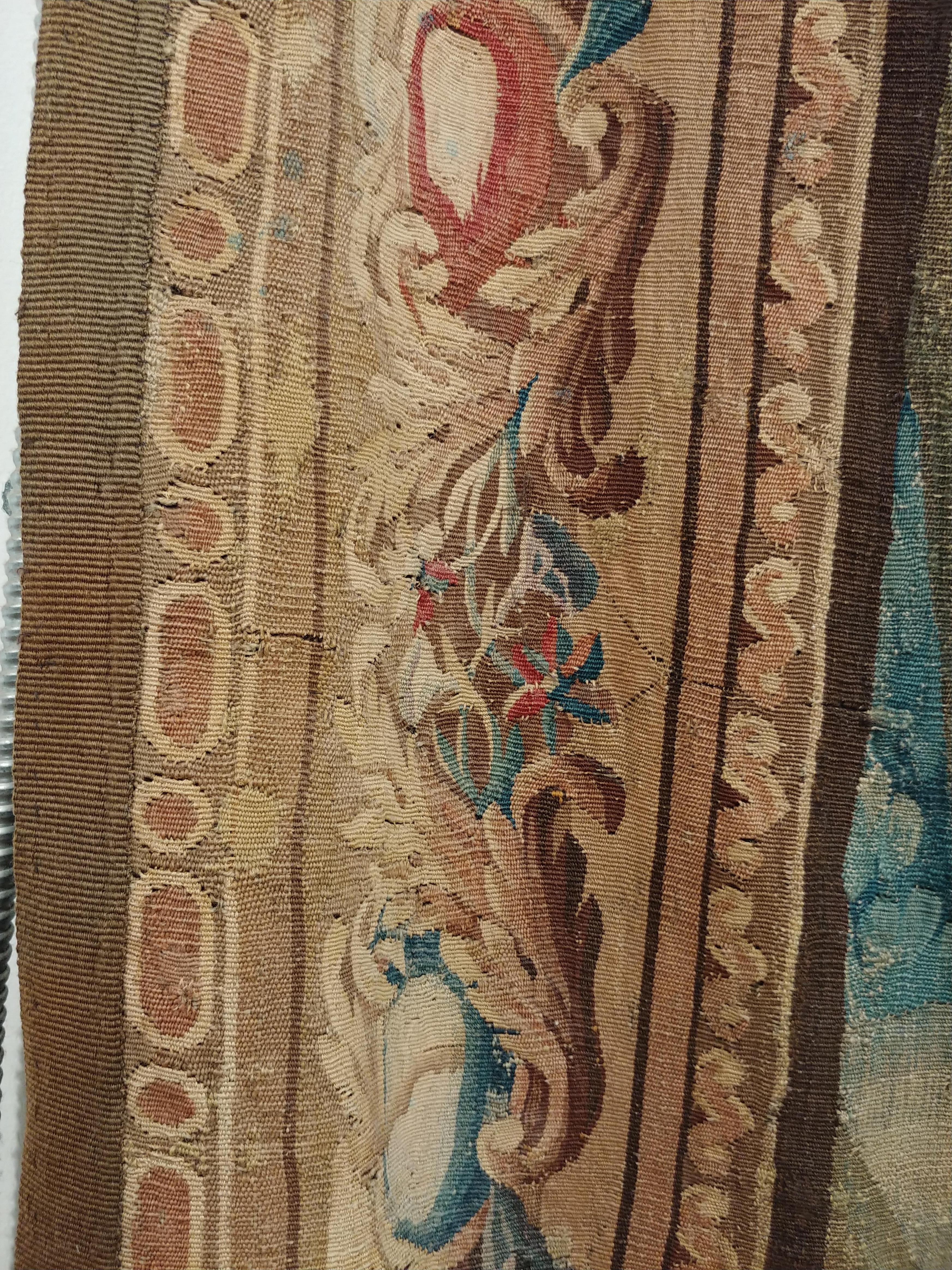 Early 18th Century Brussel Tapestry, Finely Woven, Red, Blue, Green, Silk & Wool In Fair Condition For Sale In Port Washington, NY