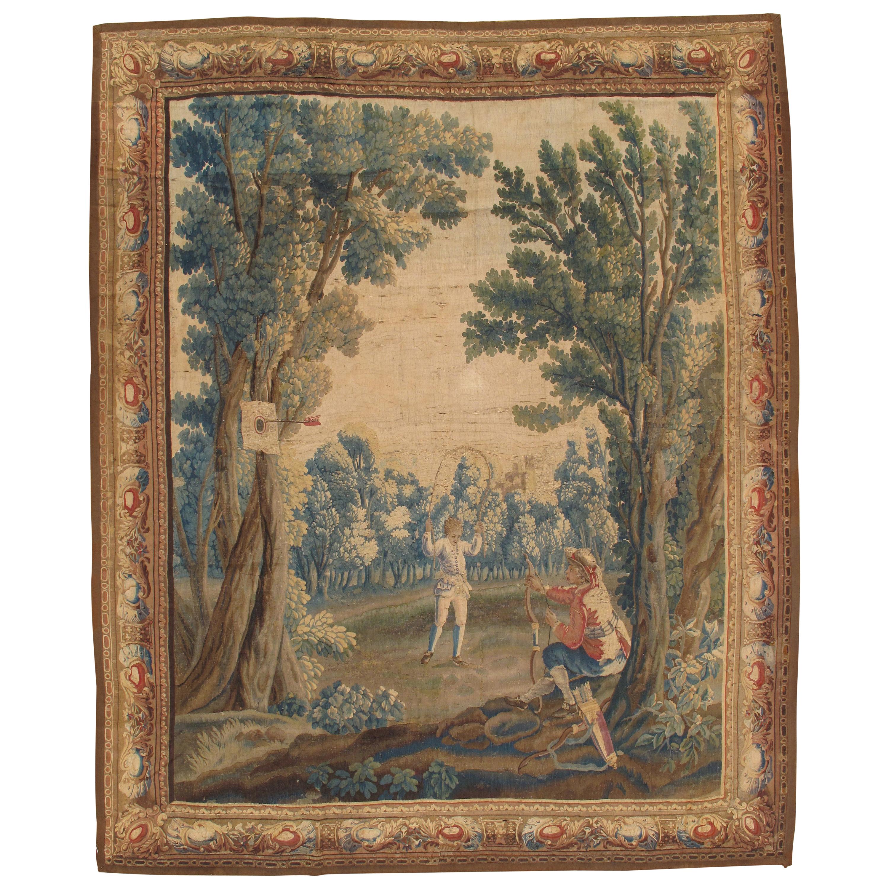 Early 18th Century Brussel Tapestry, Finely Woven, Red, Blue, Green, Silk & Wool For Sale