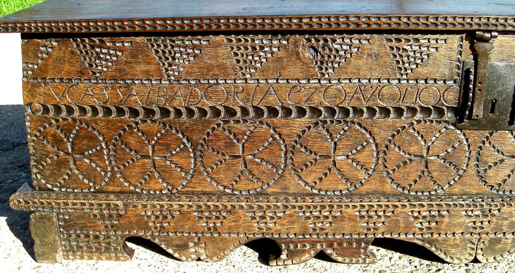 A stunning and extremely rare holm oak and elm chest dated 1700 and found in the mountain village of Ezcaray in Spain's Rioja wine region.

Inscribed on the front as follows: 