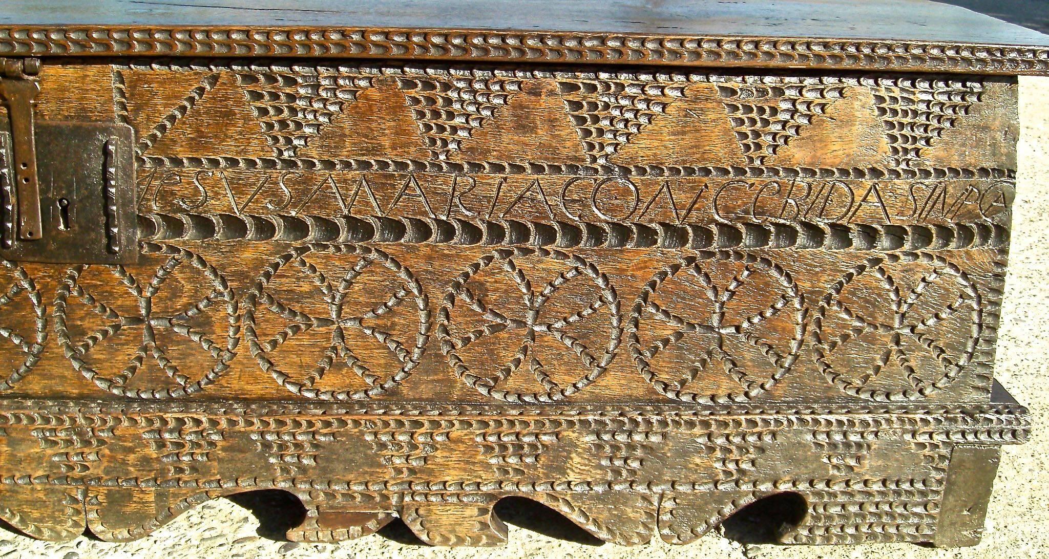 Rustic Early 18th Century Carved Oak and Elm Spanish Blanket Chest