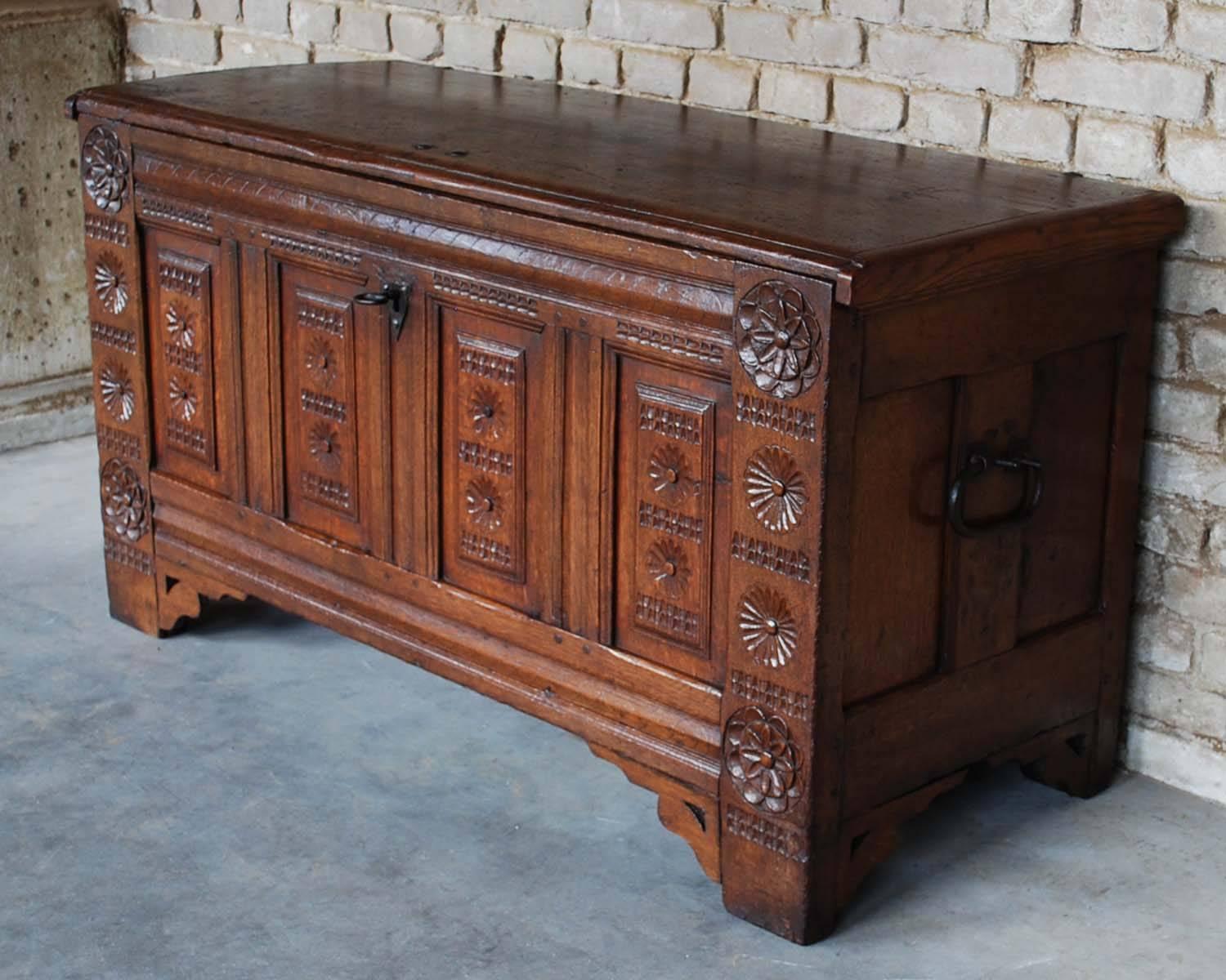 Renaissance Early 18th Century Carved Oak Dutch Maids Chest For Sale