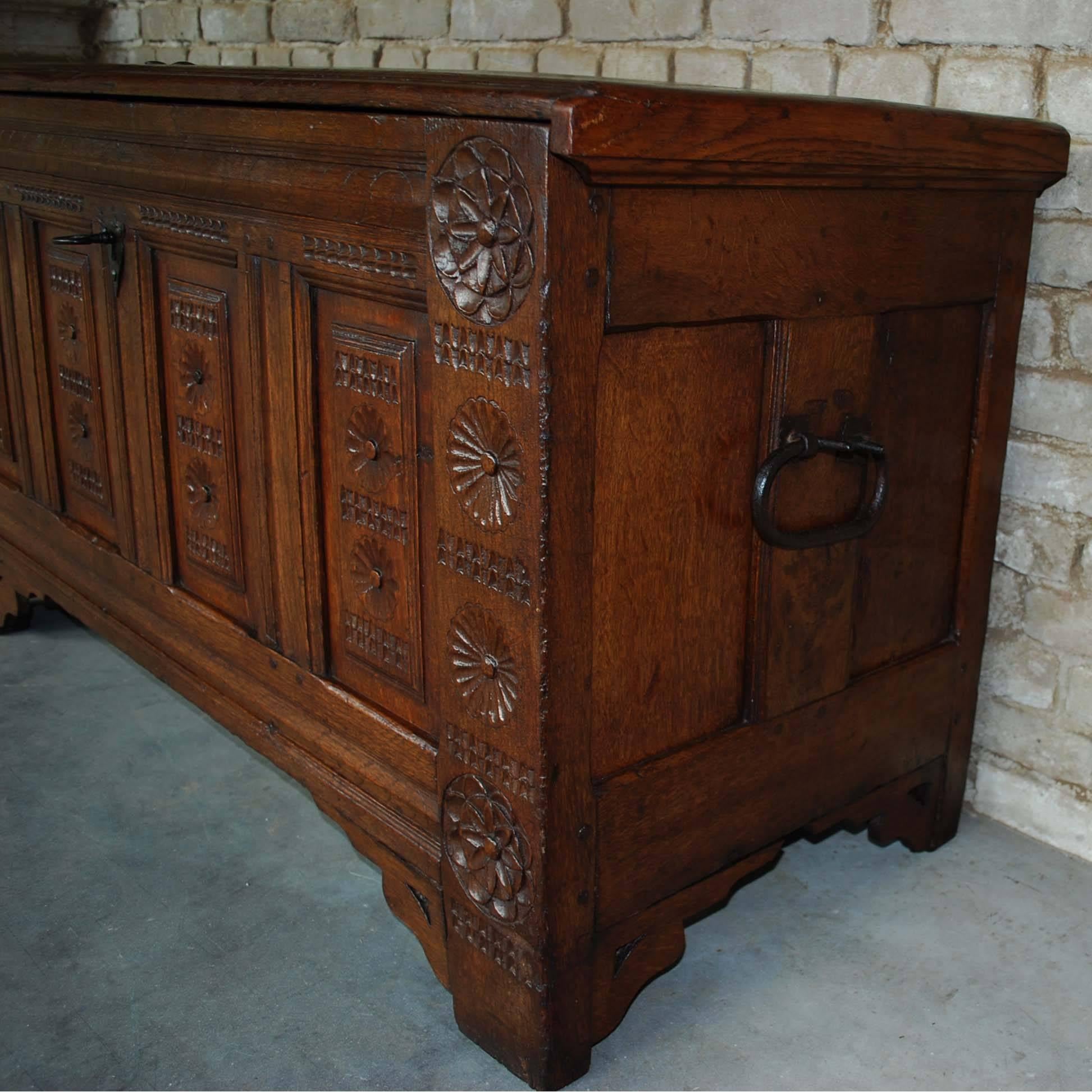 Early 18th Century Carved Oak Dutch Maids Chest For Sale 1