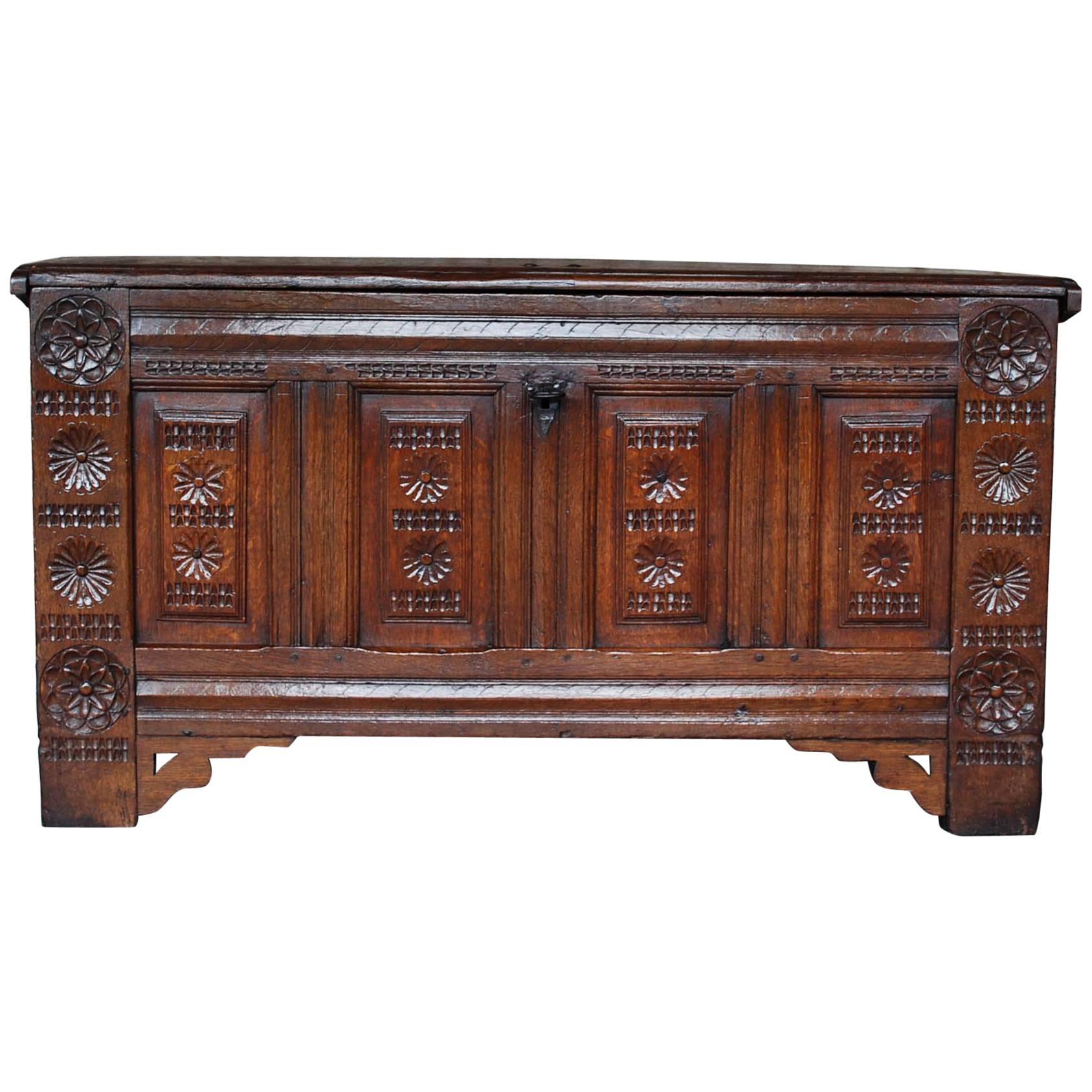 Early 18th Century Carved Oak Dutch Maids Chest For Sale