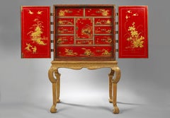 Early 18th Century Chinese Red Lacquer Cabinet on a Giltwood Stand