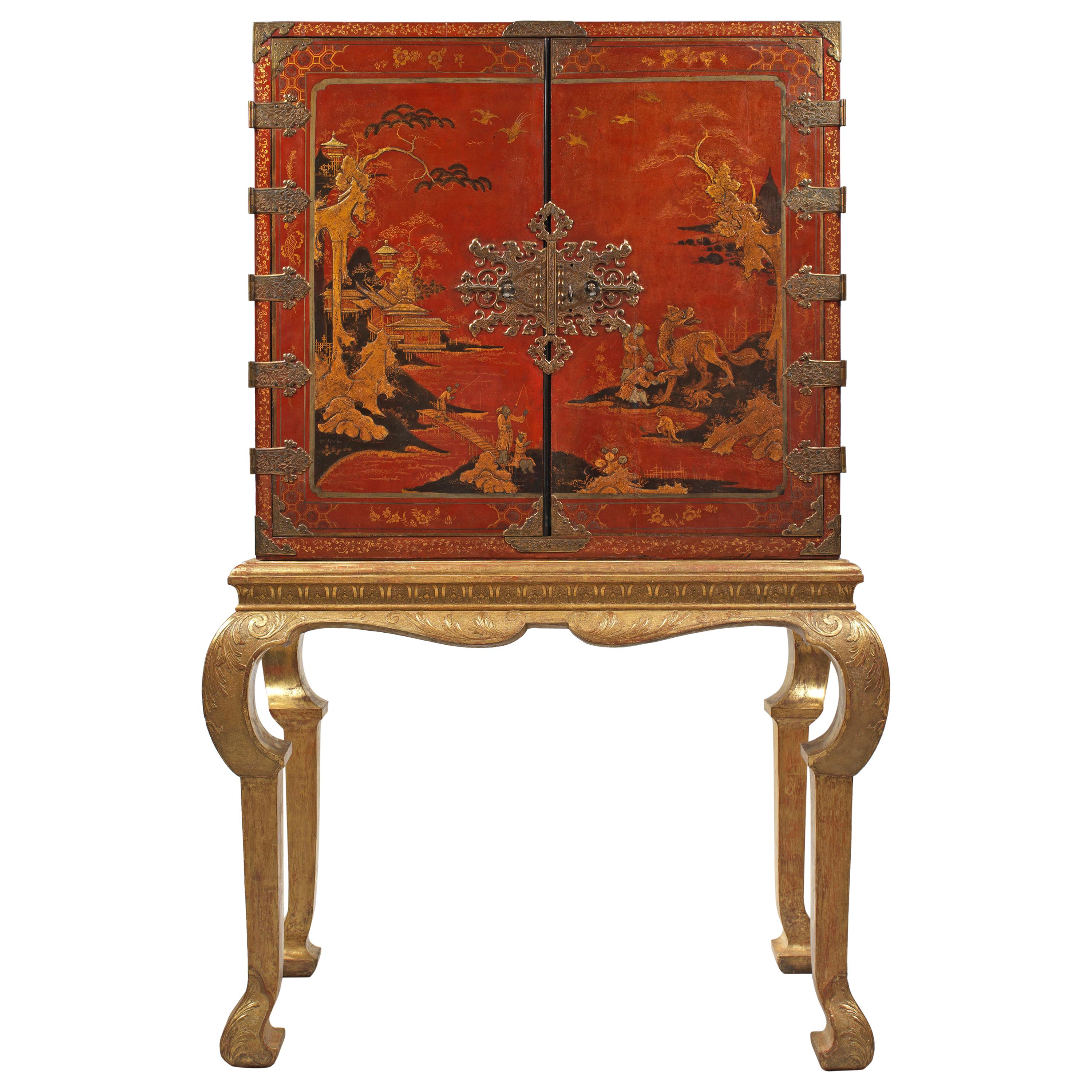 Early 18th Century Chinese Red Lacquer Cabinet on a Giltwood Stand For Sale
